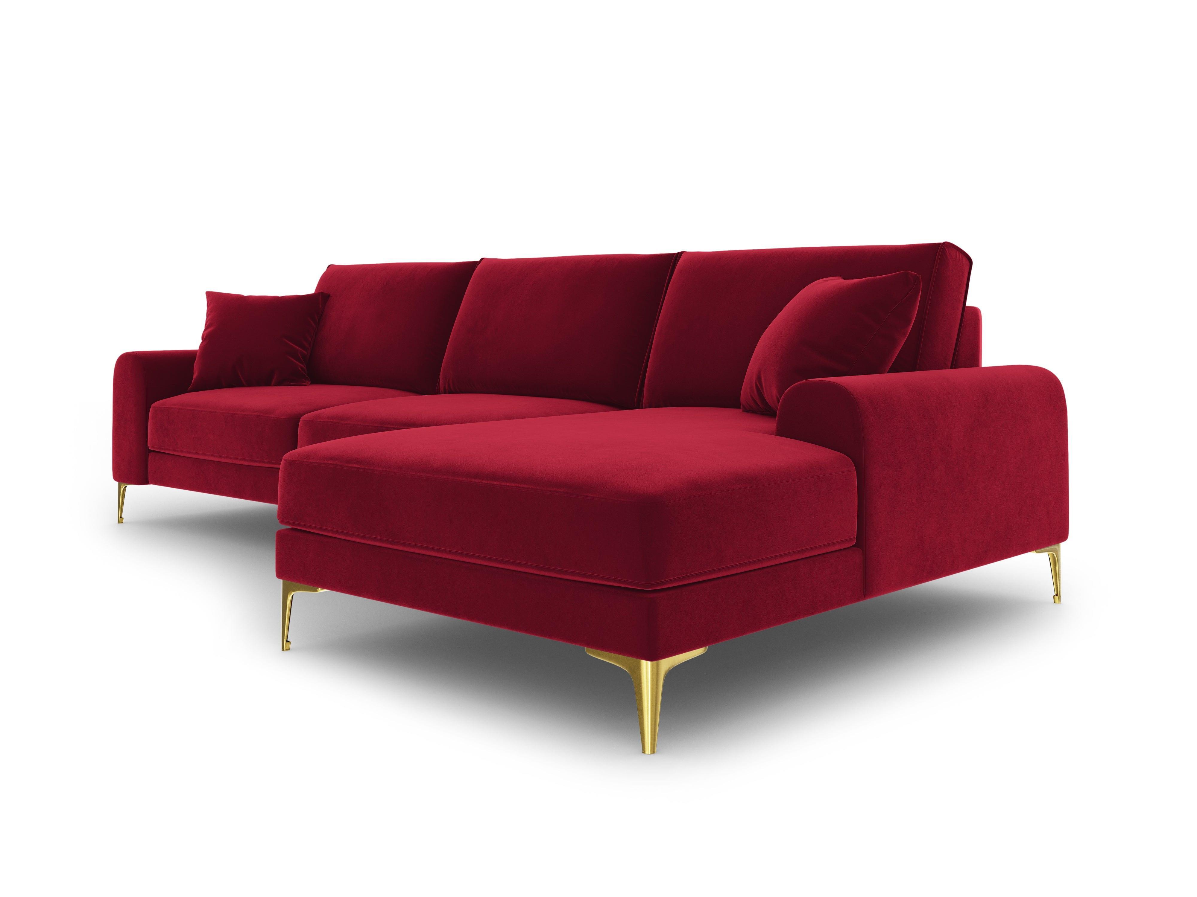 Narożnik aksamitny prawostronny MADARA czerwony ze złotą podstawą Mazzini Sofas Eye on Design