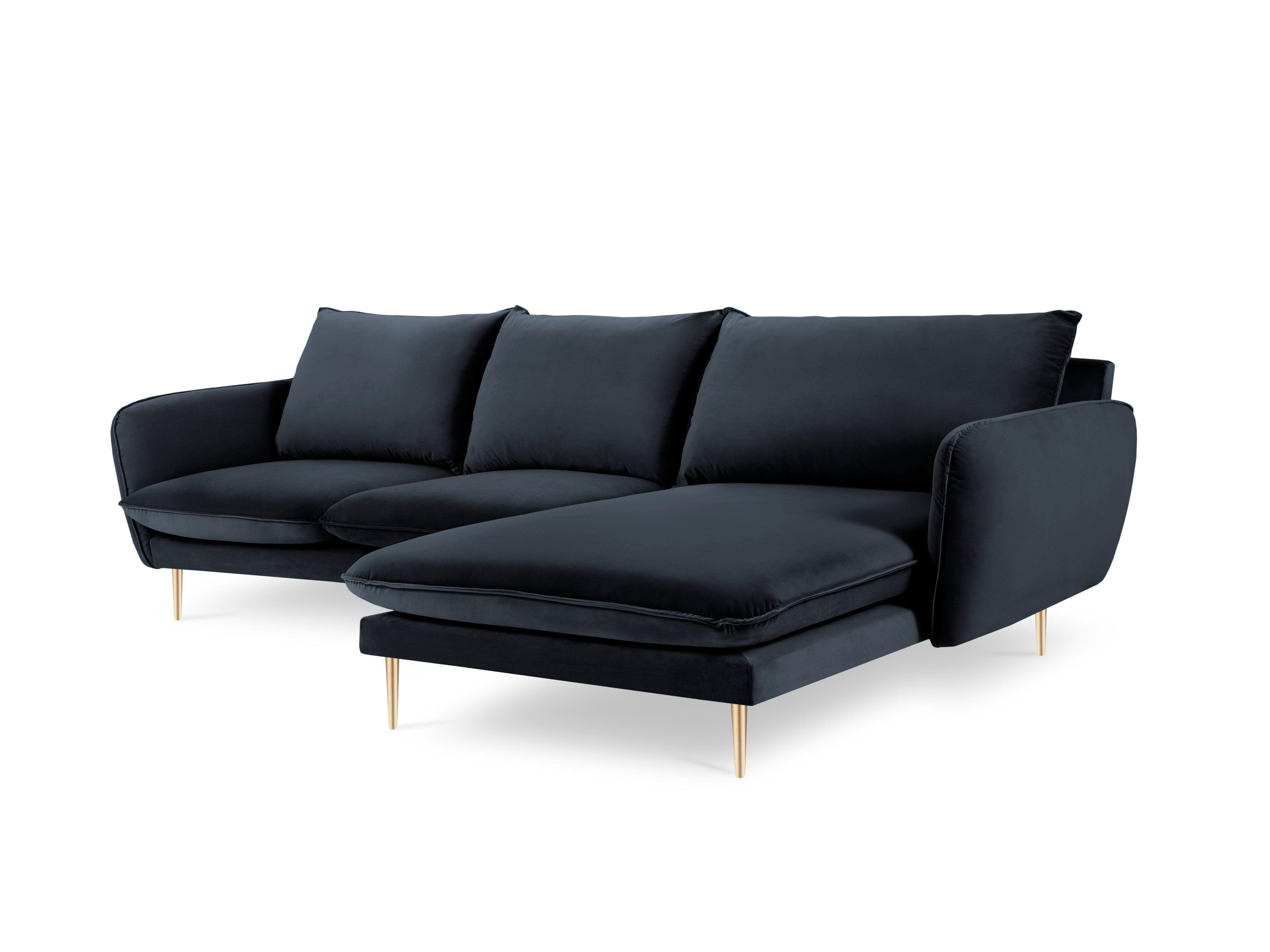 Narożnik aksamitny prawostronny VIENNA granatowy ze złotą podstawą Cosmopolitan Design Eye on Design