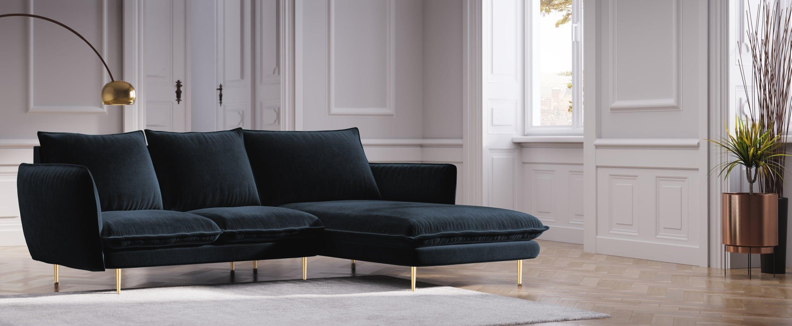 Narożnik aksamitny prawostronny VIENNA granatowy ze złotą podstawą Cosmopolitan Design Eye on Design