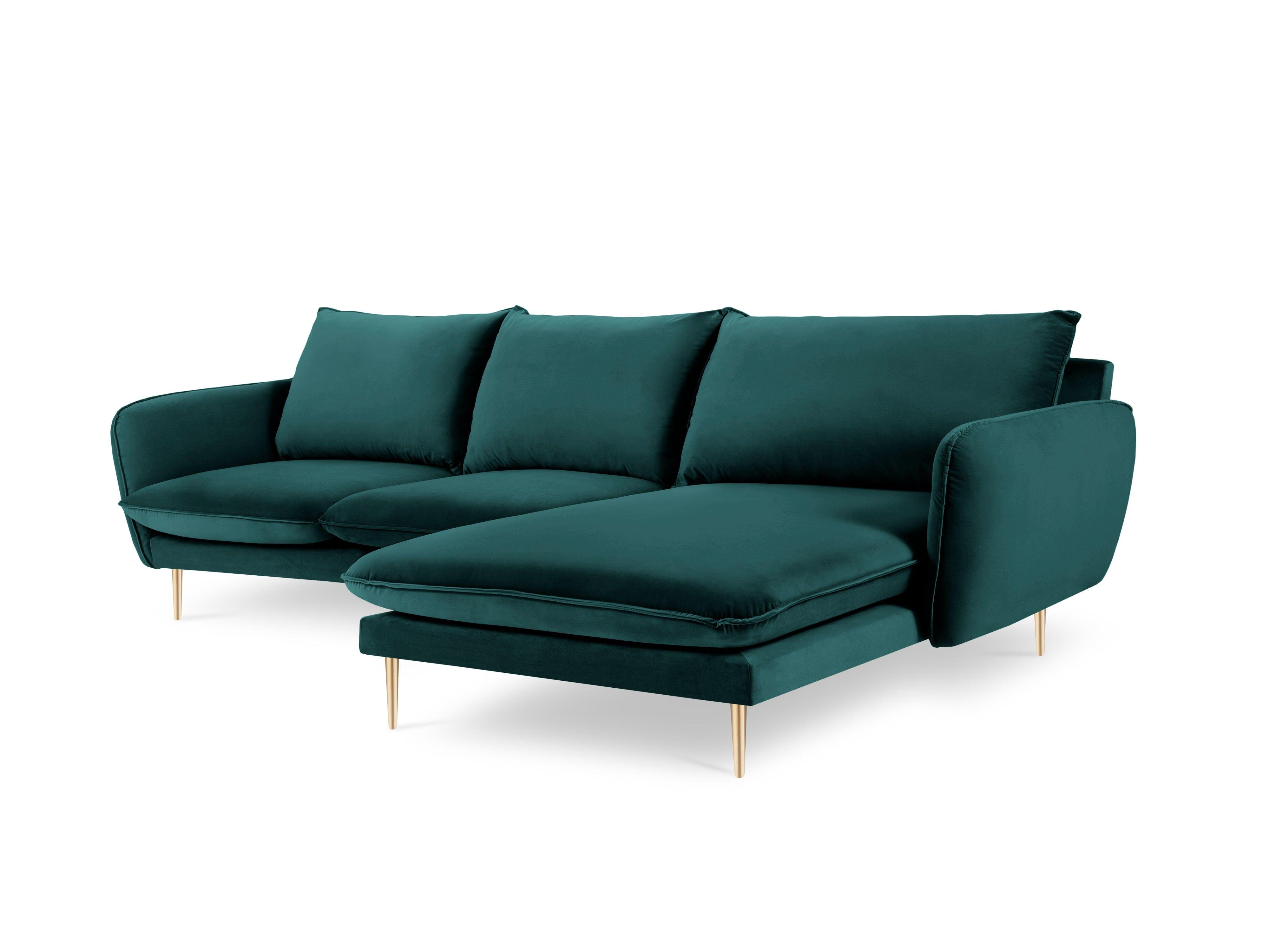 Narożnik aksamitny prawostronny VIENNA morski ze złotą podstawą Cosmopolitan Design Eye on Design