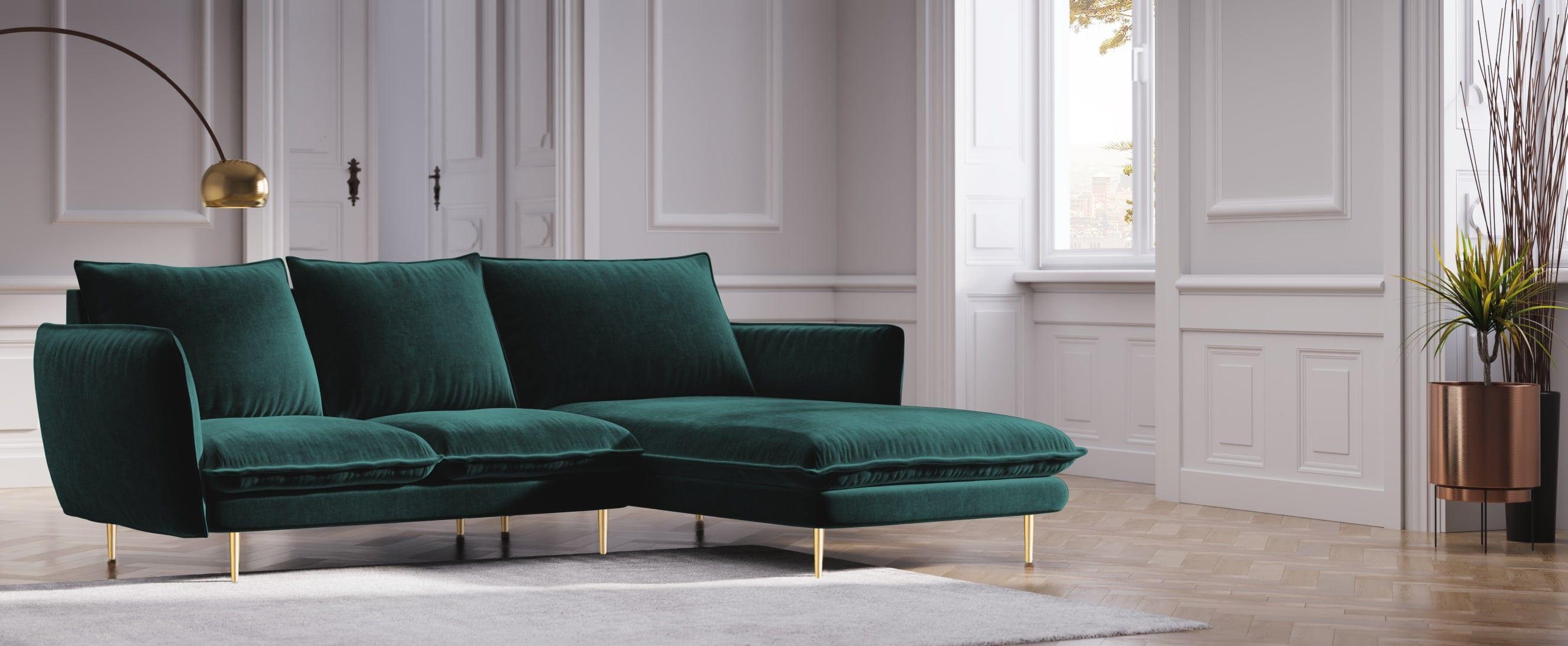 Narożnik aksamitny prawostronny VIENNA morski ze złotą podstawą Cosmopolitan Design Eye on Design
