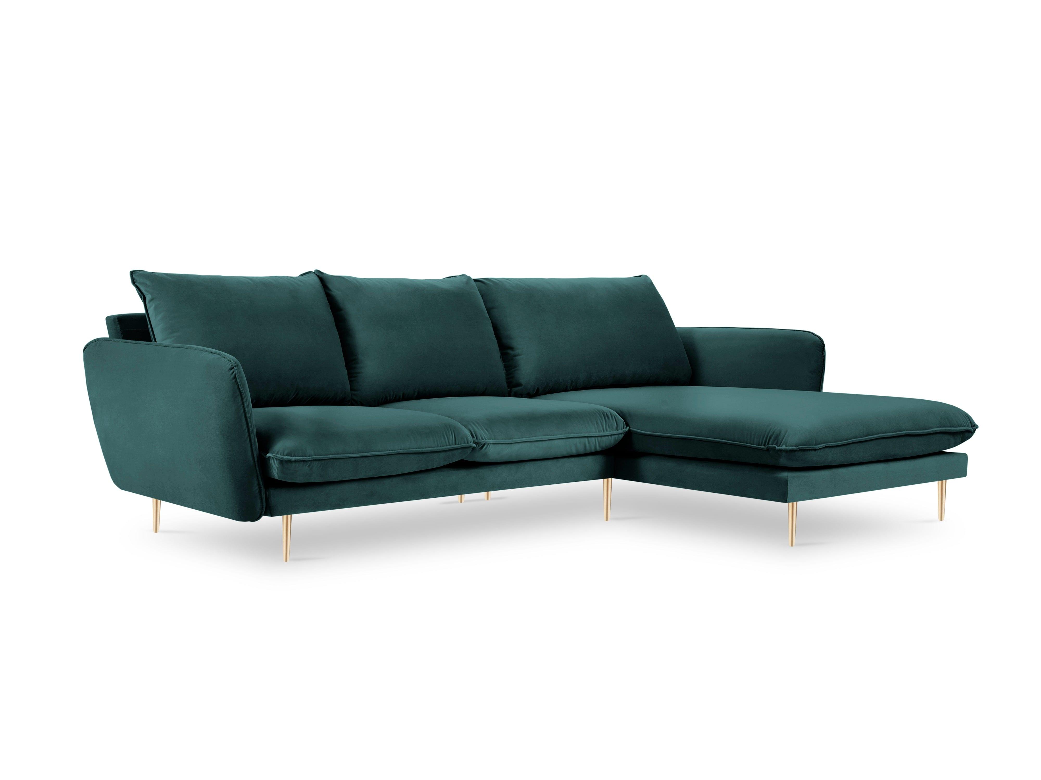Narożnik aksamitny prawostronny VIENNA morski ze złotą podstawą Cosmopolitan Design Eye on Design