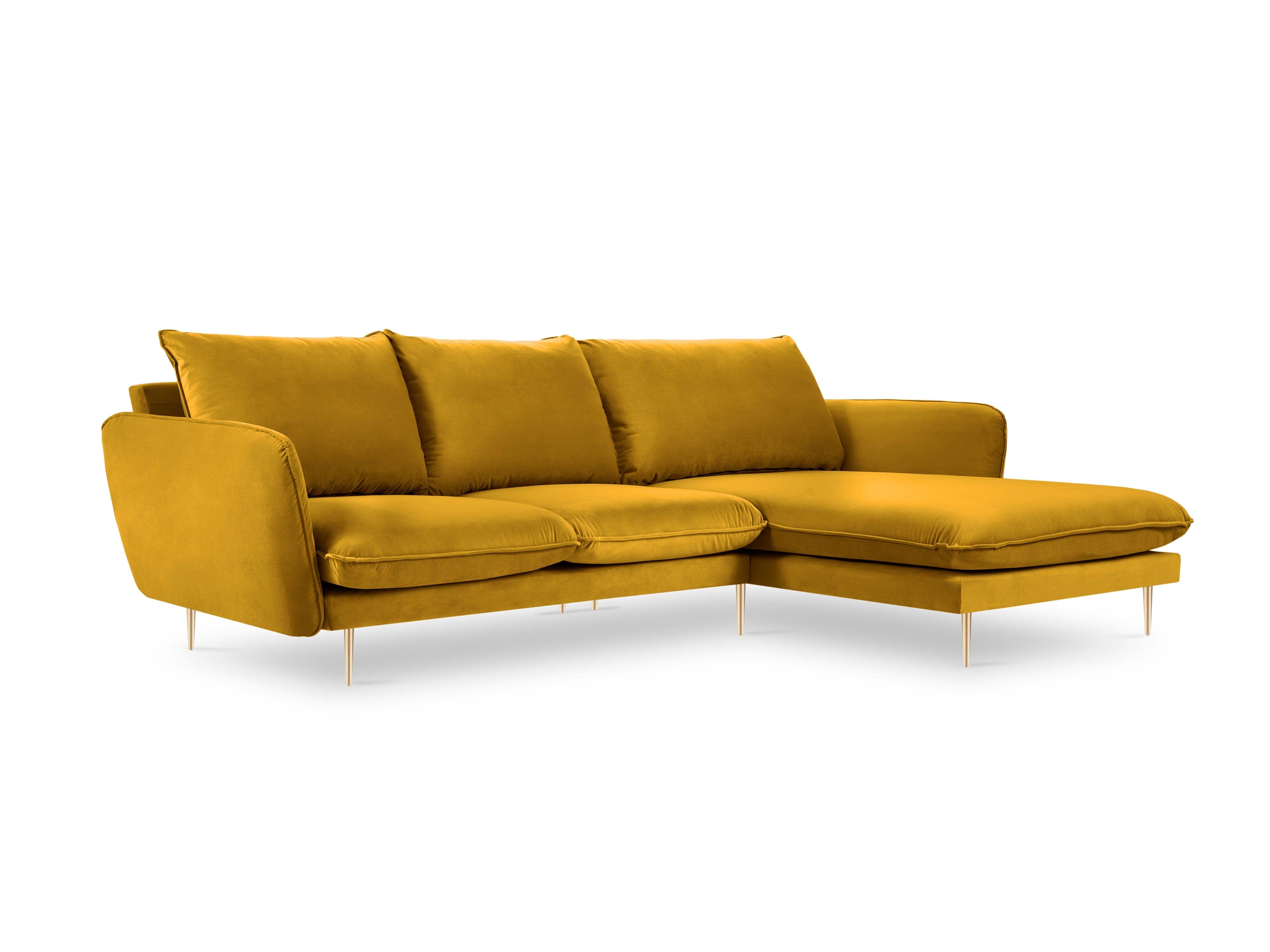 Narożnik aksamitny prawostronny VIENNA żółty ze złotą podstawą Cosmopolitan Design Eye on Design