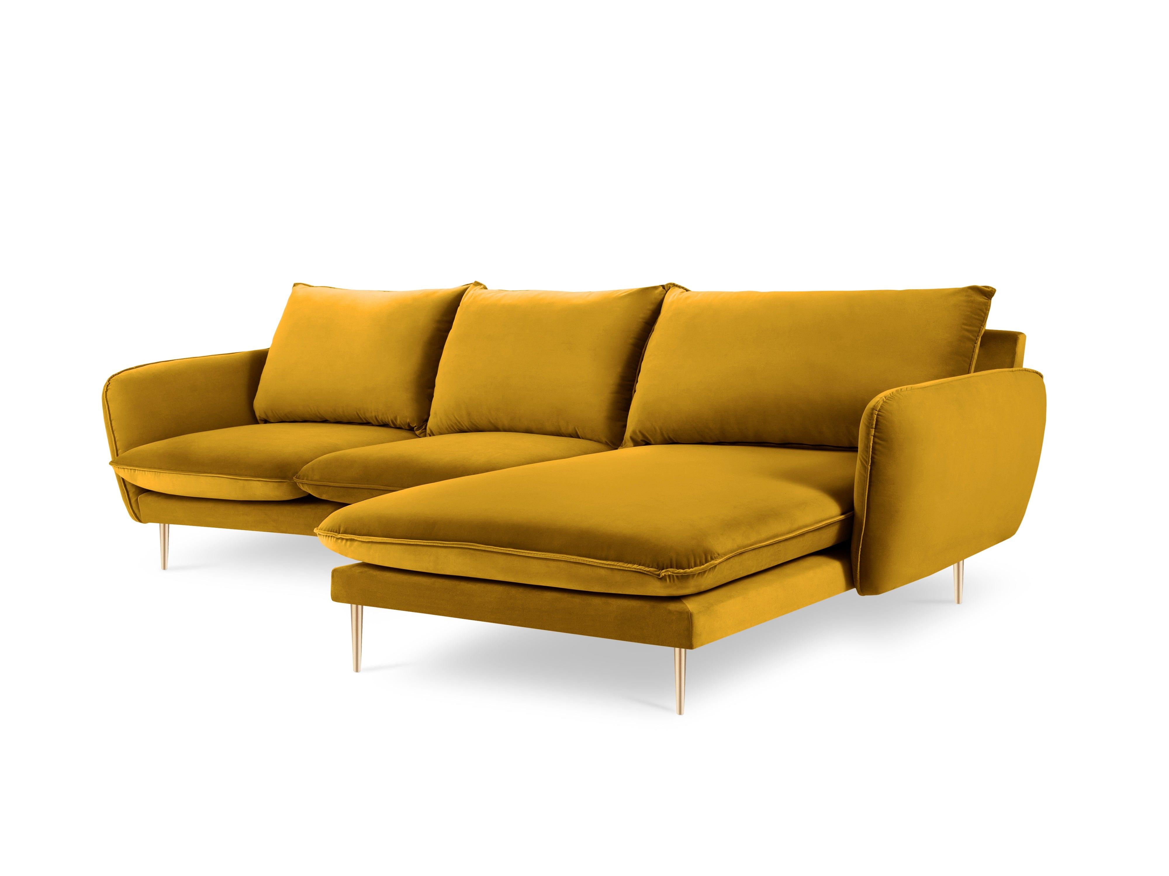 Narożnik aksamitny prawostronny VIENNA żółty ze złotą podstawą Cosmopolitan Design Eye on Design