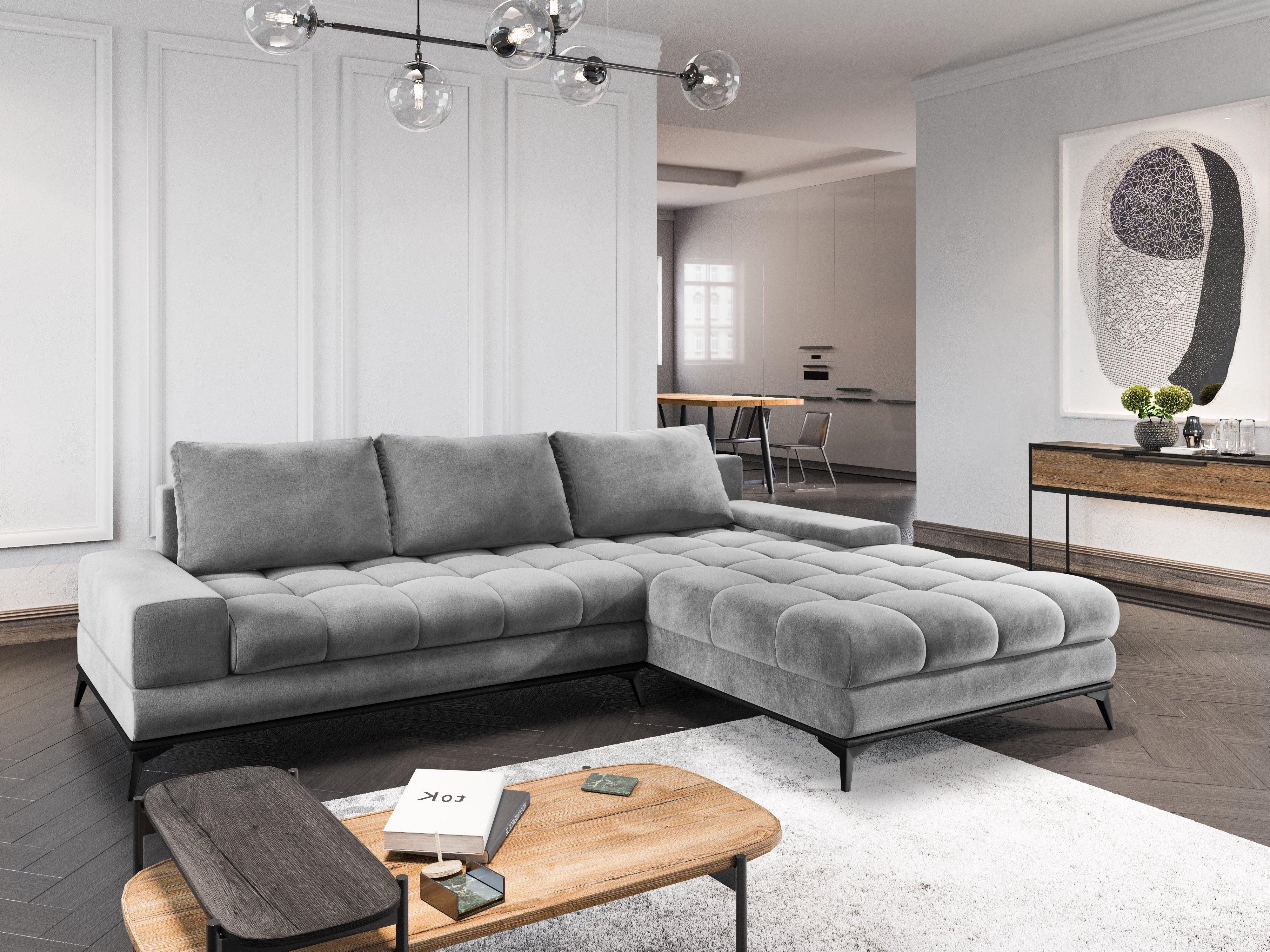 Narożnik aksamitny prawostronny z funkcją spania DENEB jasnoszary Windsor & Co Eye on Design