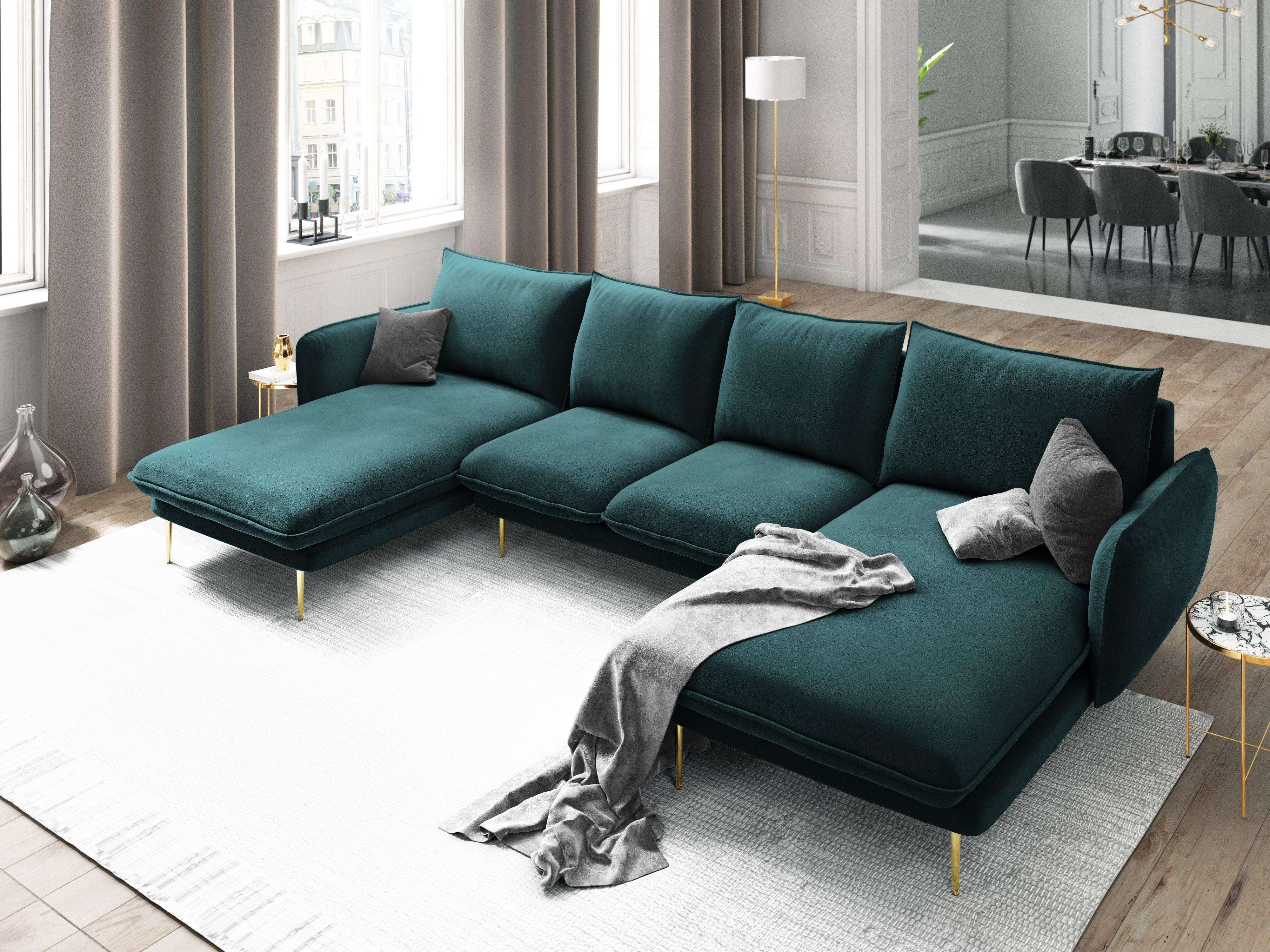 Narożnik aksamitny w kształcie U VIENNA morski ze złotą podstawą Cosmopolitan Design Eye on Design