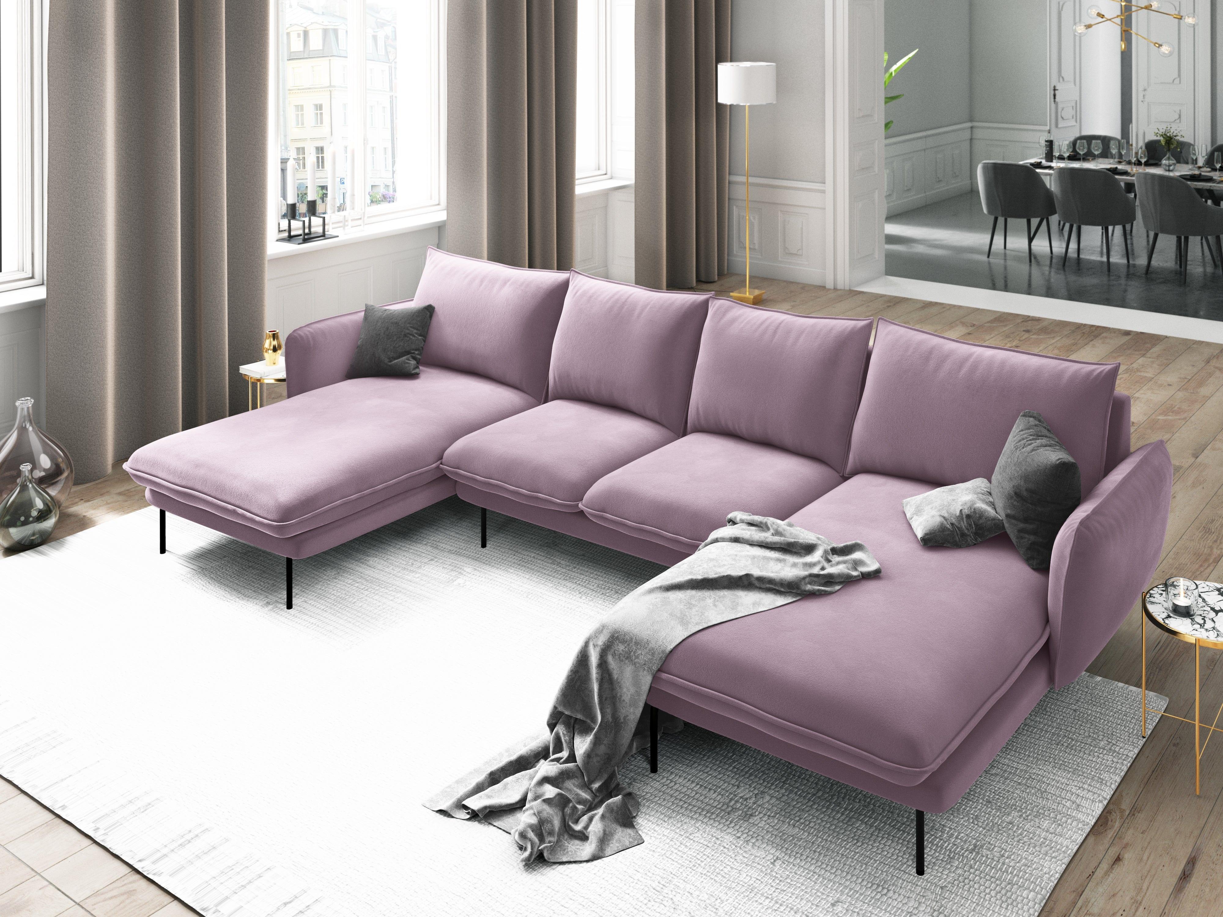 Narożnik aksamitny w kształcie U VIENNA pudrowy róż z czarną podstawą Cosmopolitan Design Eye on Design