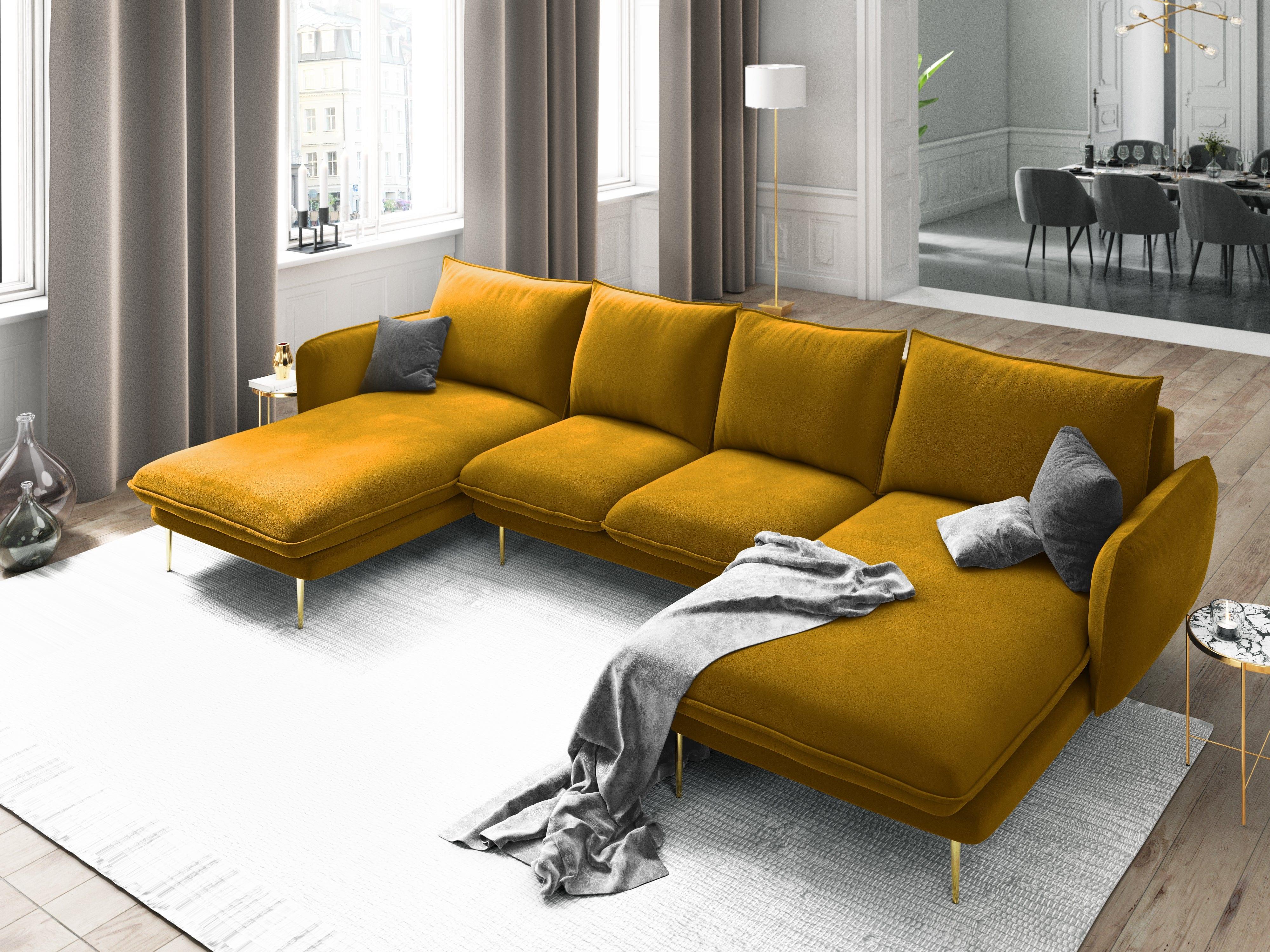 Narożnik aksamitny w kształcie U VIENNA żółty ze złotą podstawą Cosmopolitan Design Eye on Design