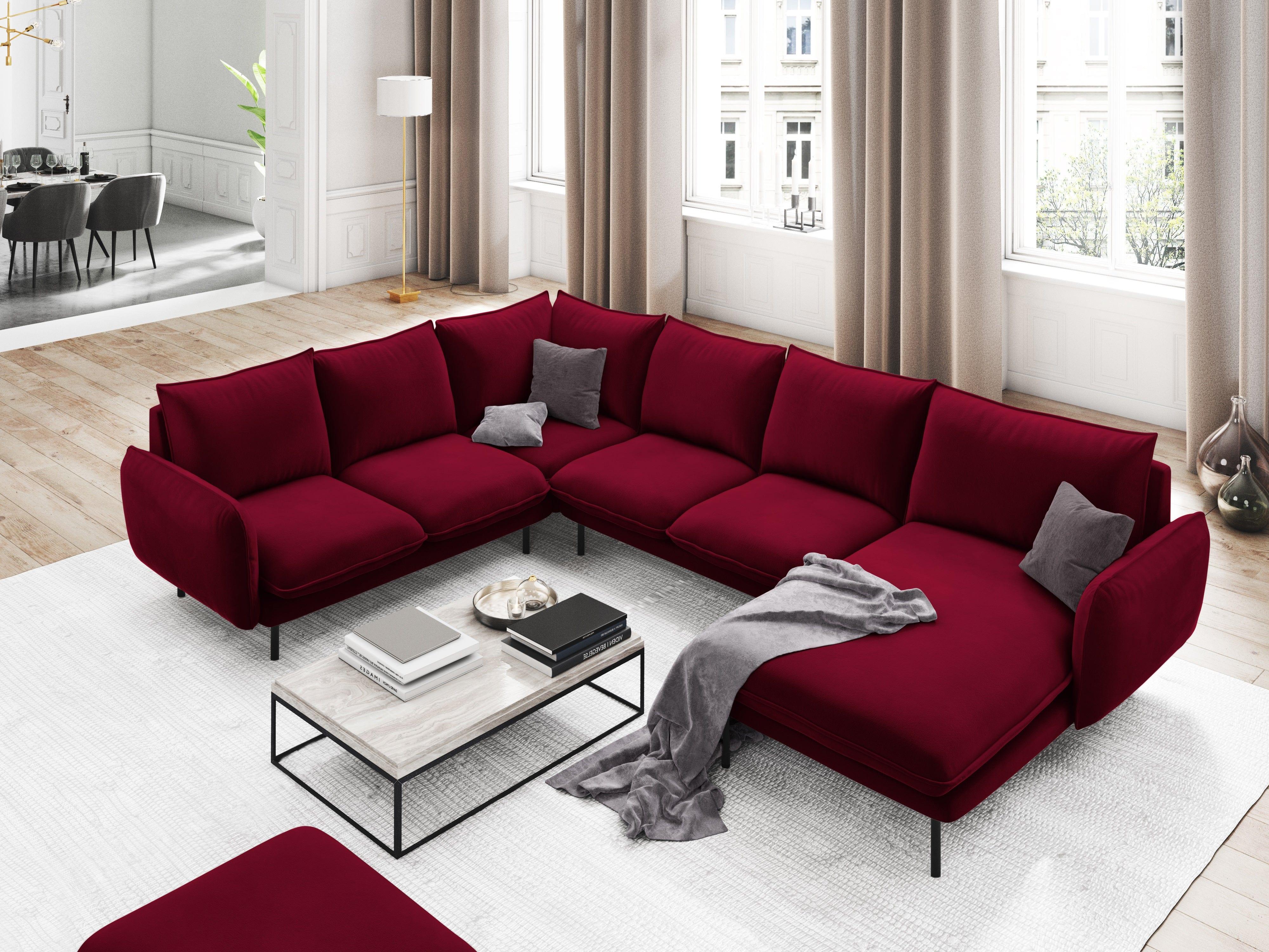 Narożnik lewostronny aksamitny panoramiczny VIENNA bordowy z czarną podstawą Cosmopolitan Design Eye on Design