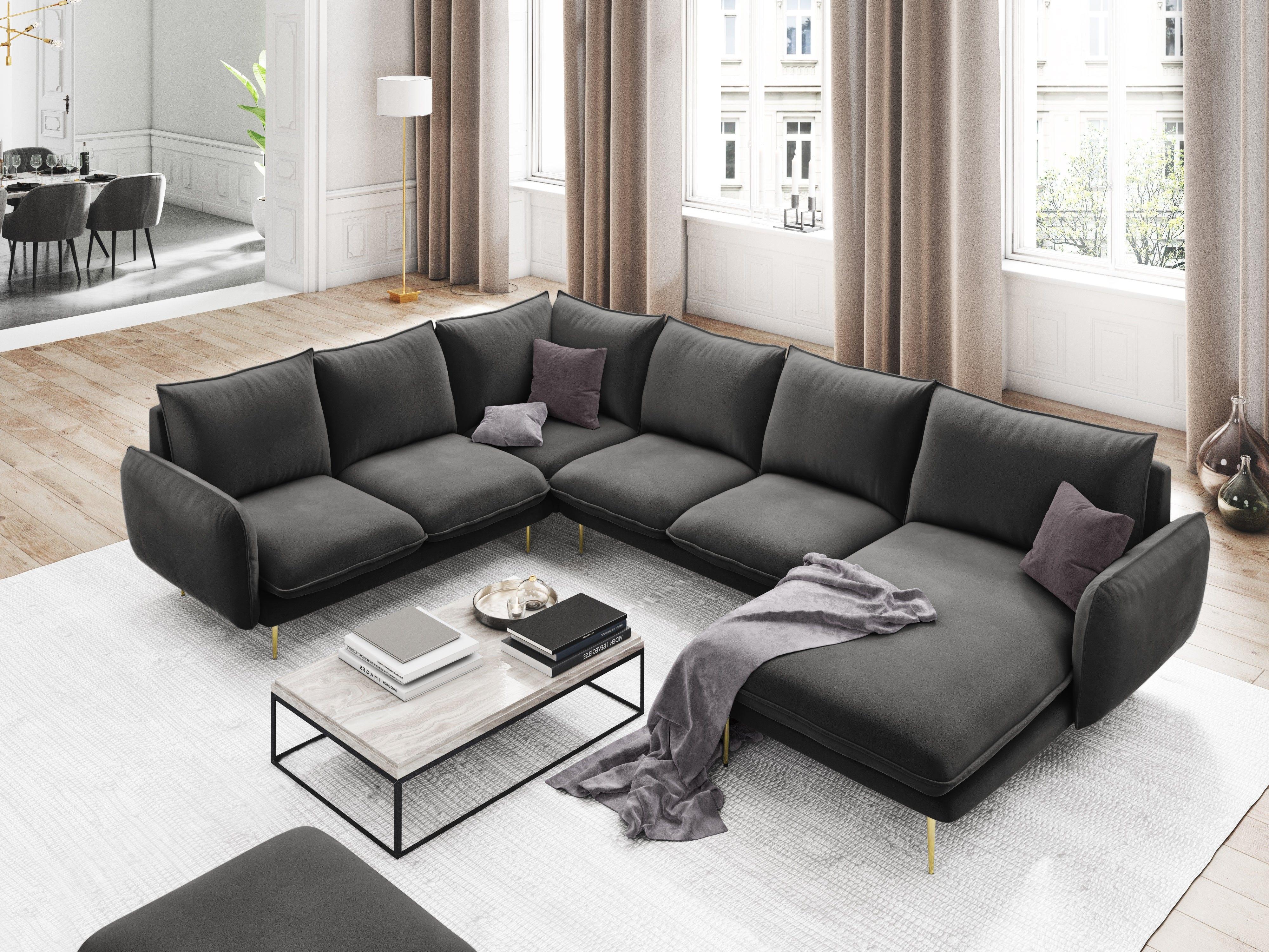 Narożnik lewostronny aksamitny panoramiczny VIENNA ciemnoszary ze złotą podstawą Cosmopolitan Design Eye on Design