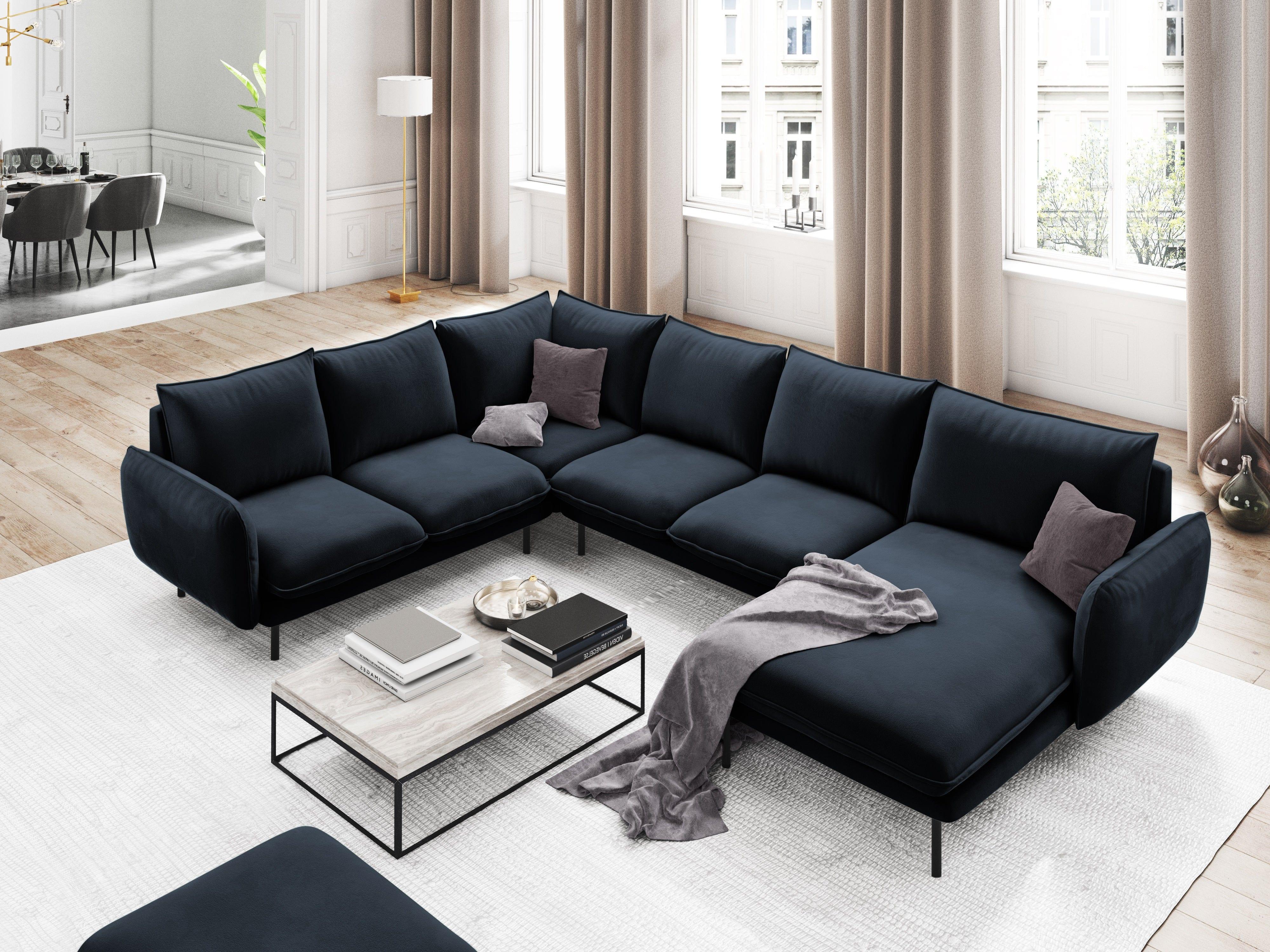 Narożnik lewostronny aksamitny panoramiczny VIENNA granatowy z czarną podstawą Cosmopolitan Design Eye on Design