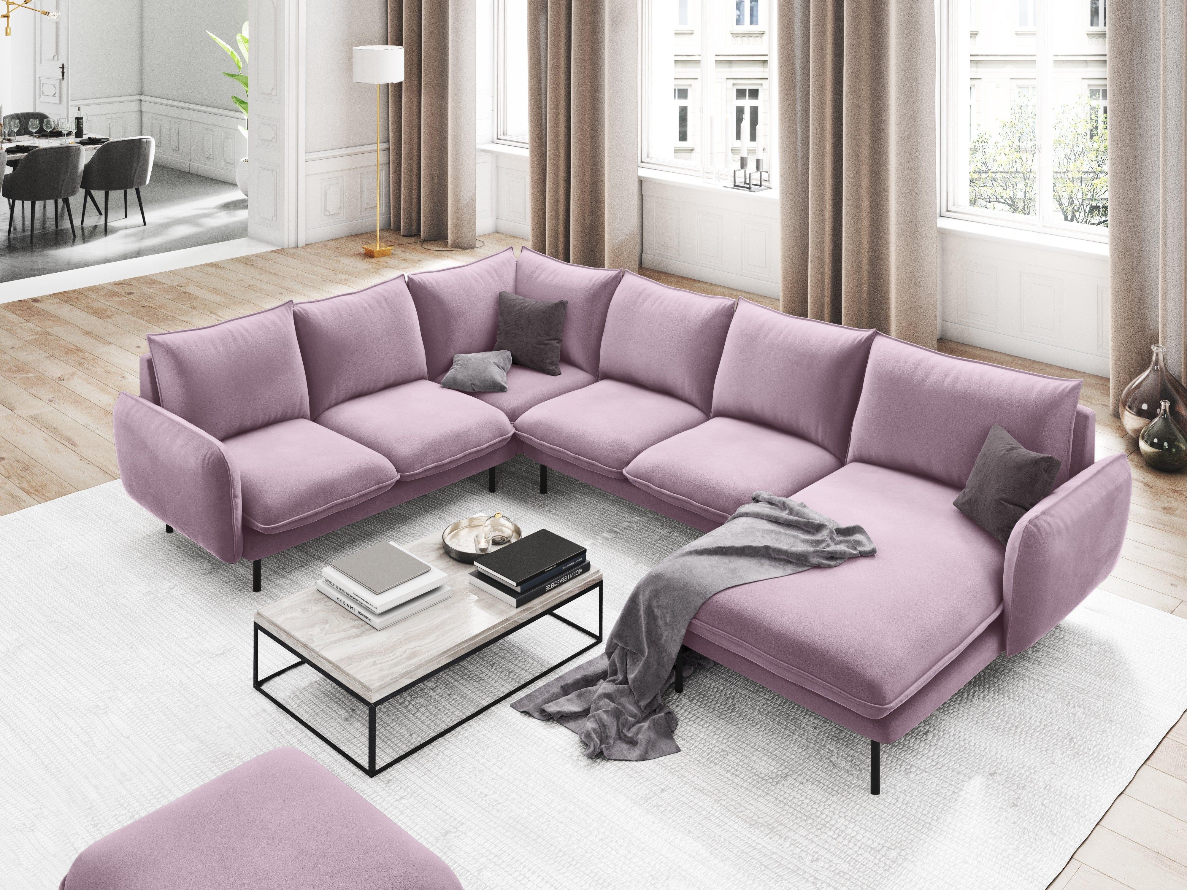 Narożnik lewostronny aksamitny panoramiczny VIENNA pudrowy róż z czarną podstawą Cosmopolitan Design Eye on Design