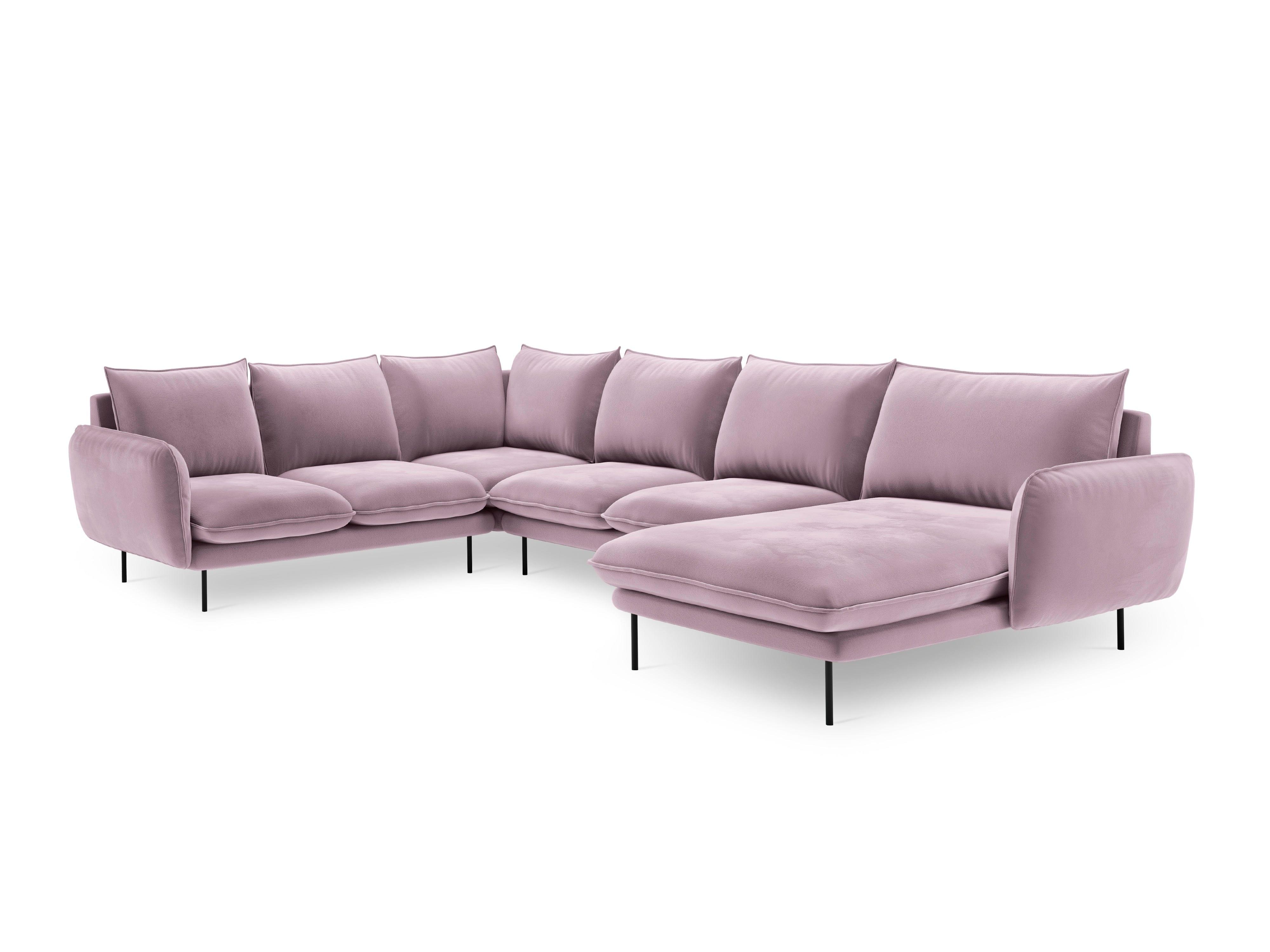 Narożnik lewostronny aksamitny panoramiczny VIENNA pudrowy róż z czarną podstawą Cosmopolitan Design Eye on Design