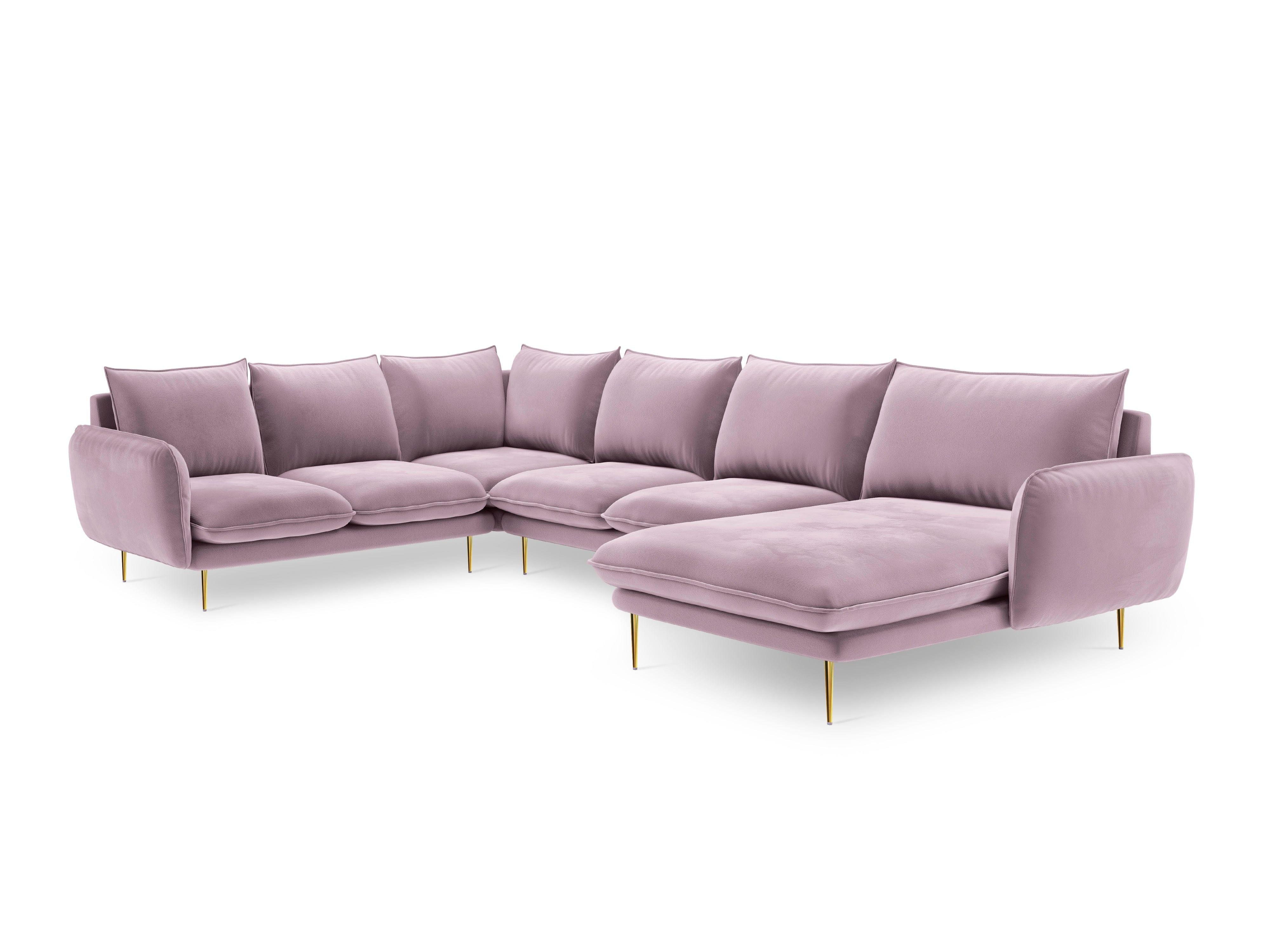 Narożnik lewostronny aksamitny panoramiczny VIENNA pudrowy róż ze złotą podstawą Cosmopolitan Design Eye on Design