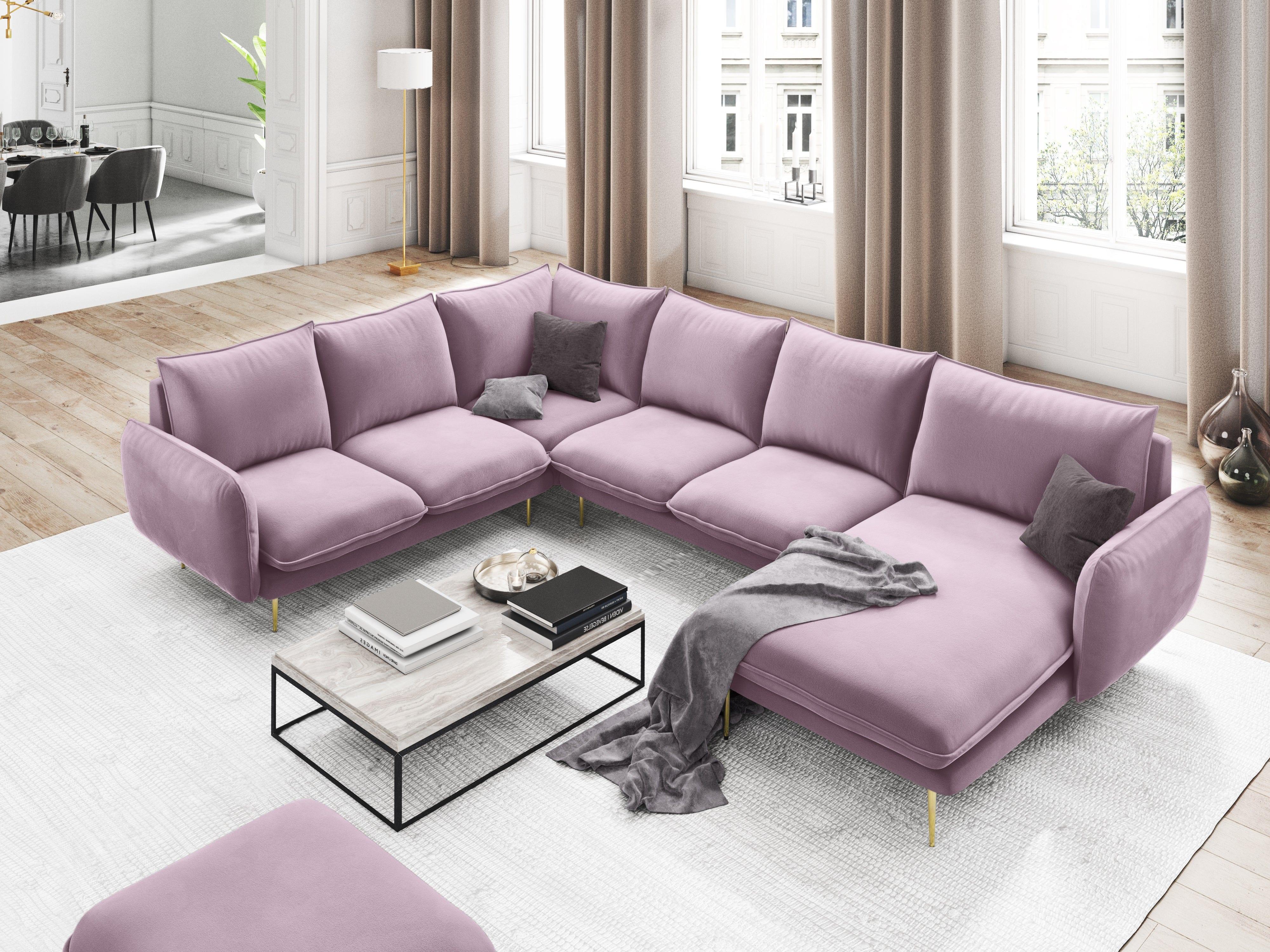 Narożnik lewostronny aksamitny panoramiczny VIENNA pudrowy róż ze złotą podstawą Cosmopolitan Design Eye on Design