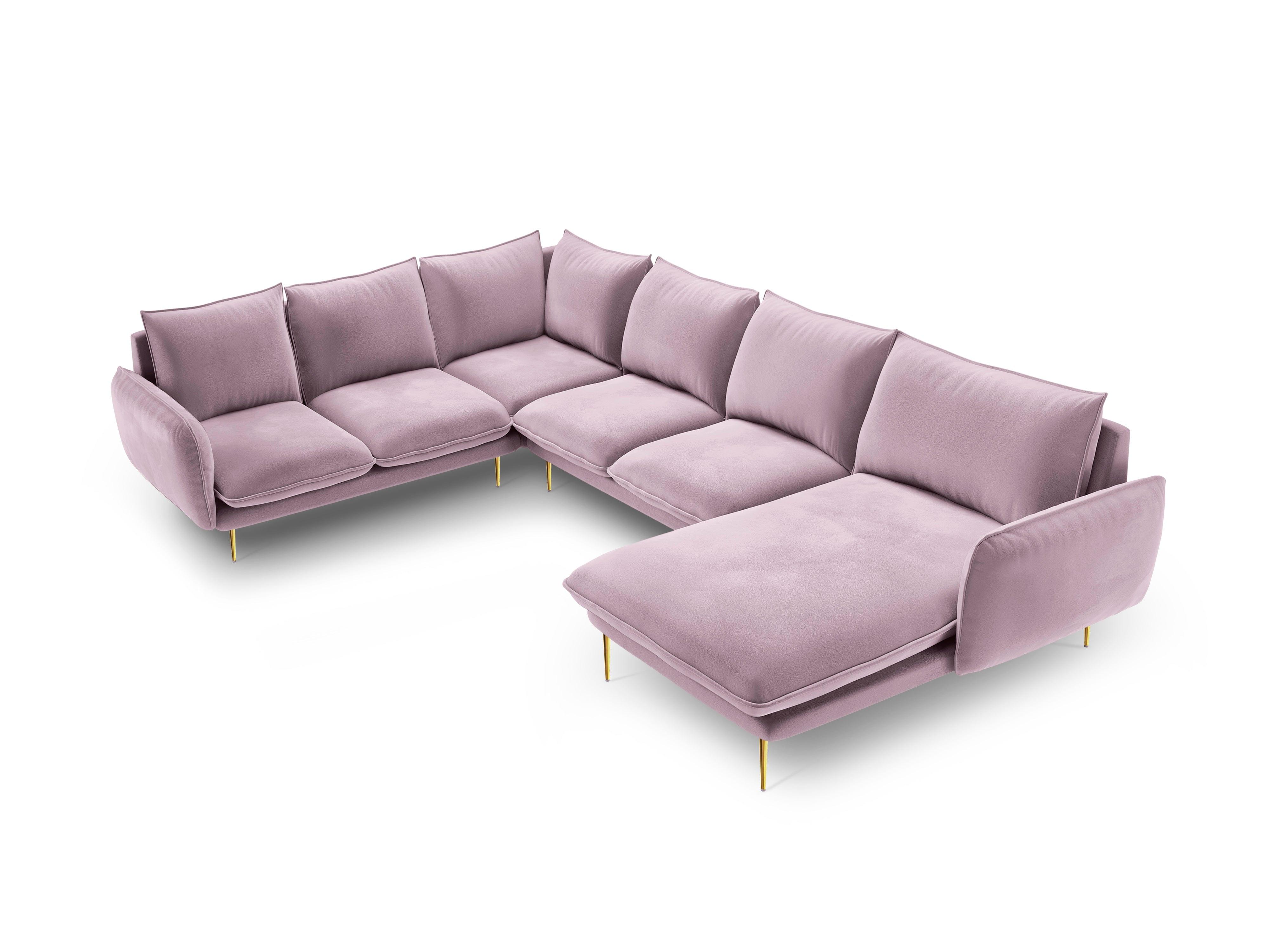 Narożnik lewostronny aksamitny panoramiczny VIENNA pudrowy róż ze złotą podstawą Cosmopolitan Design Eye on Design