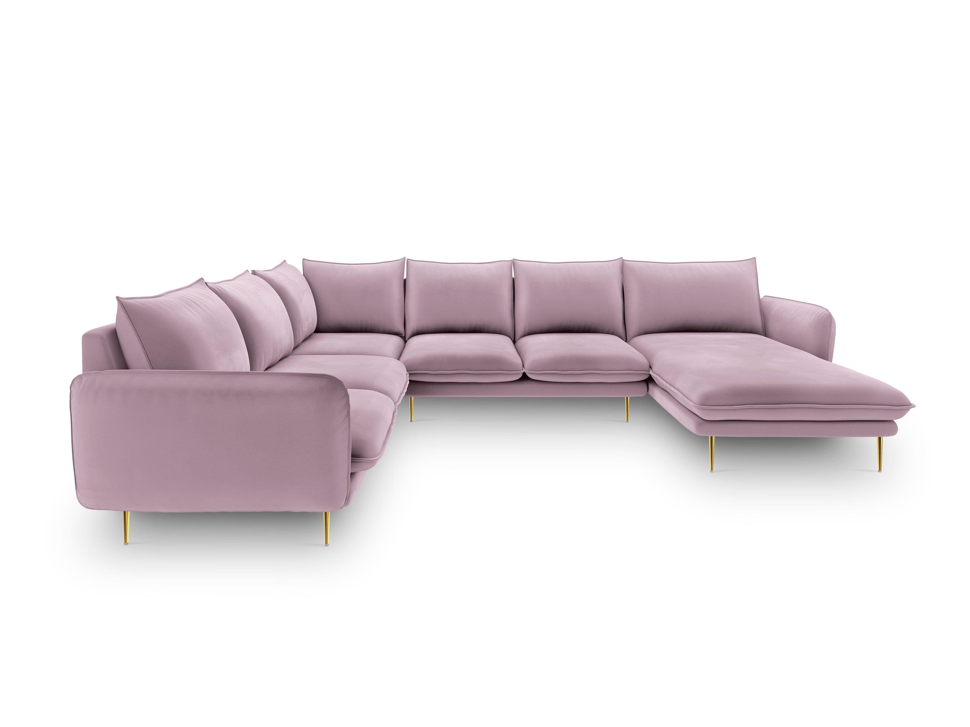 Narożnik lewostronny aksamitny panoramiczny VIENNA pudrowy róż ze złotą podstawą Cosmopolitan Design Eye on Design