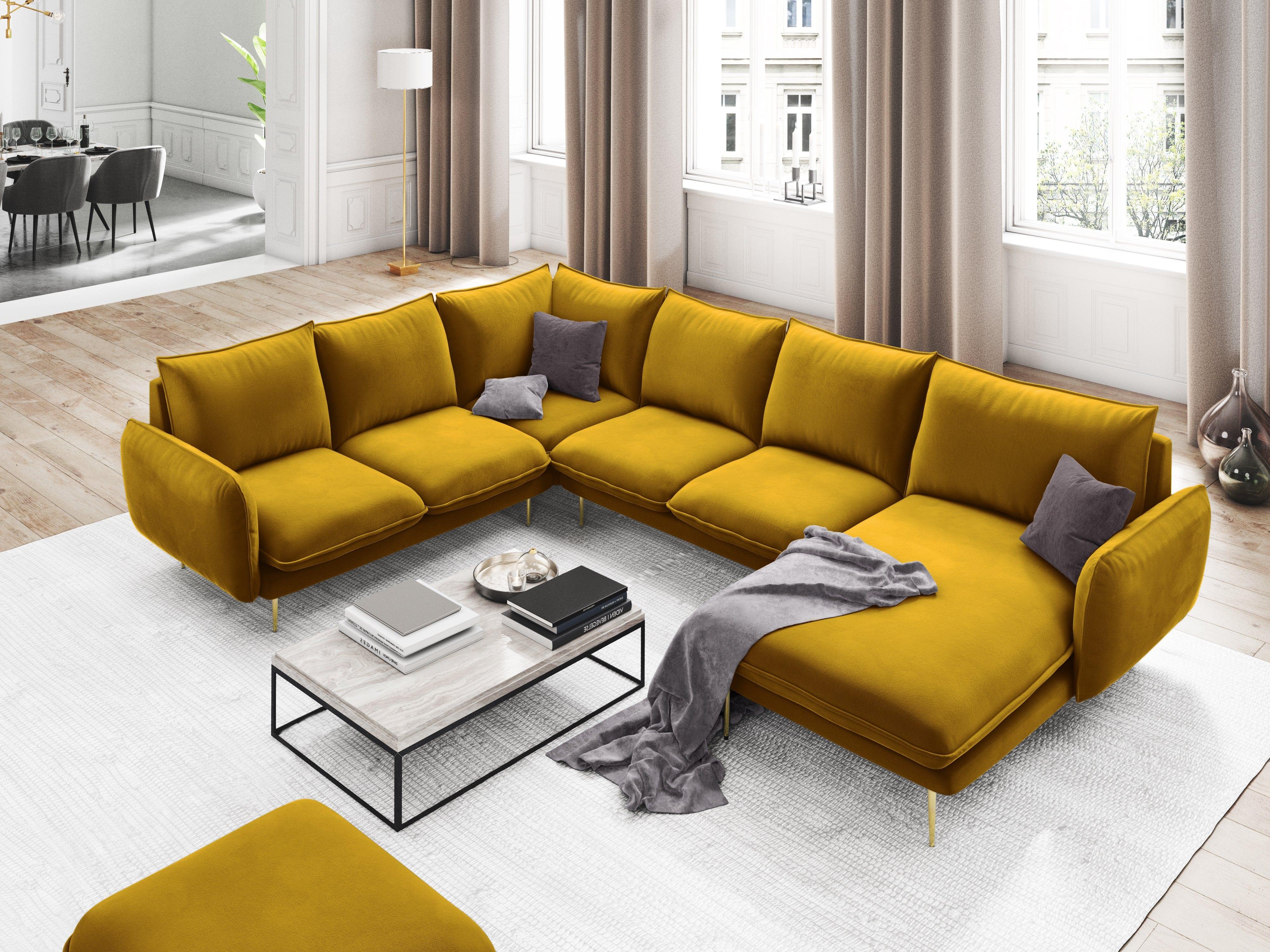 Narożnik lewostronny aksamitny panoramiczny VIENNA żółty ze złotą podstawą Cosmopolitan Design Eye on Design