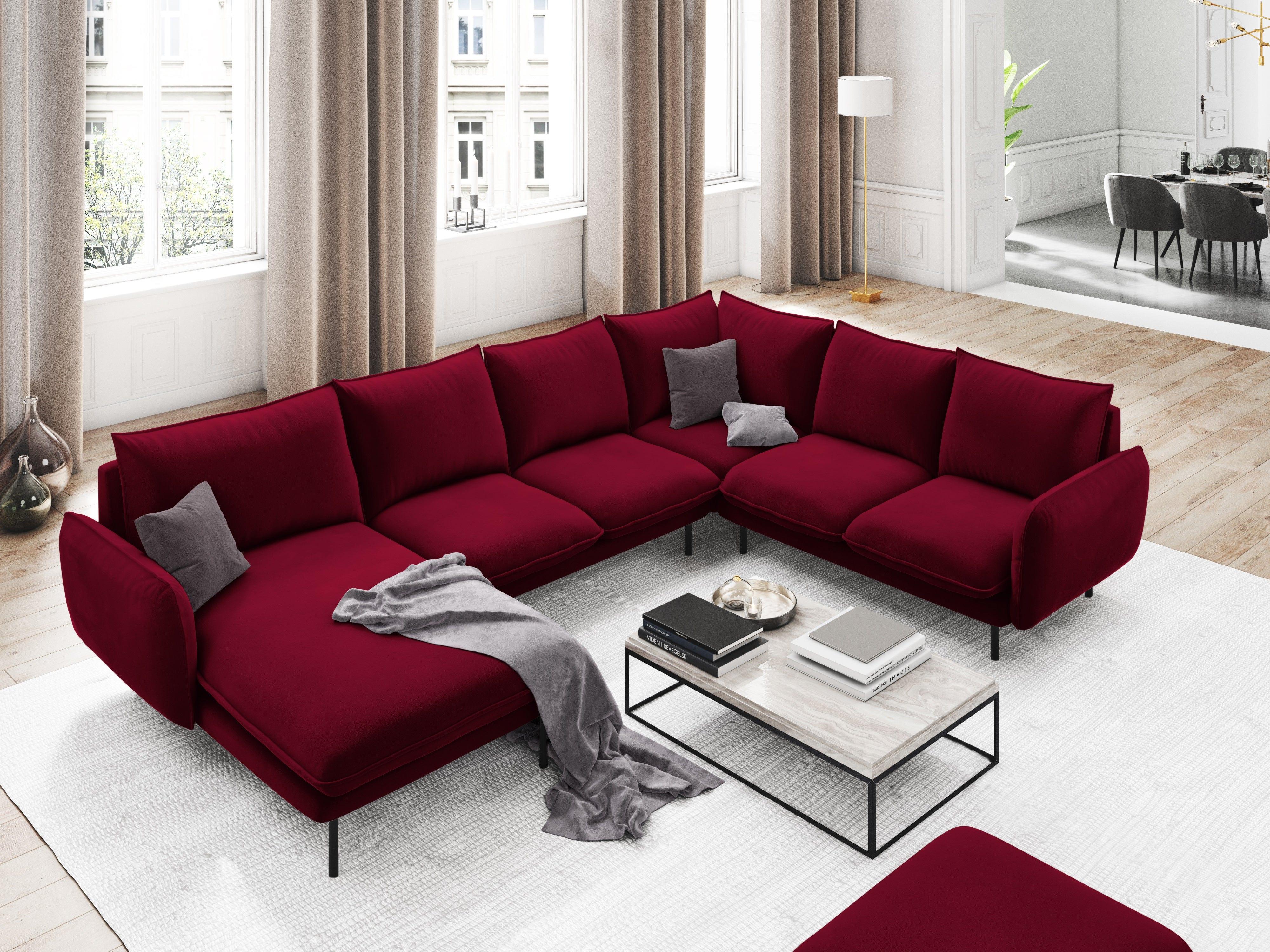 Narożnik prawostronny aksamitny panoramiczny VIENNA bordowy z czarną podstawą Cosmopolitan Design Eye on Design