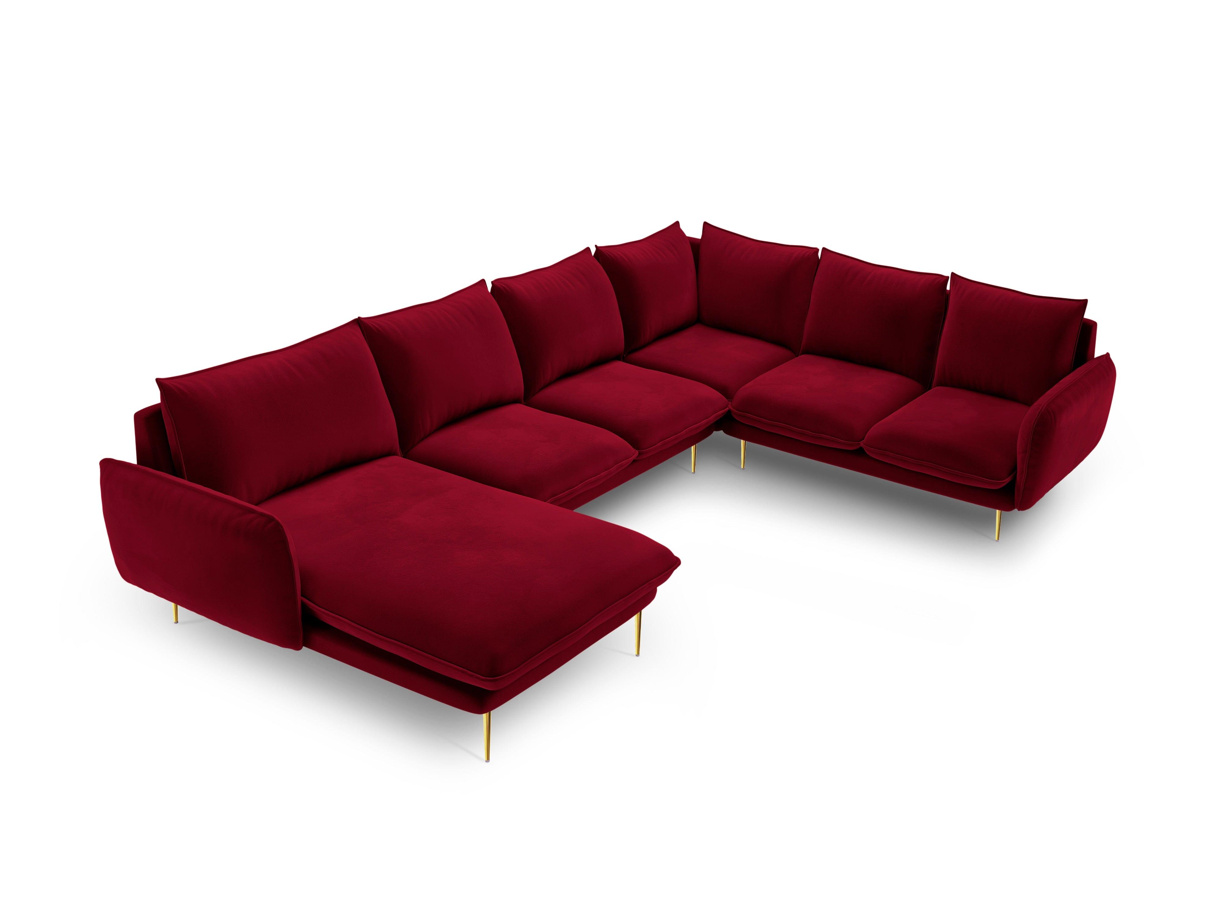 Narożnik prawostronny aksamitny panoramiczny VIENNA bordowy ze złotą podstawą Cosmopolitan Design Eye on Design