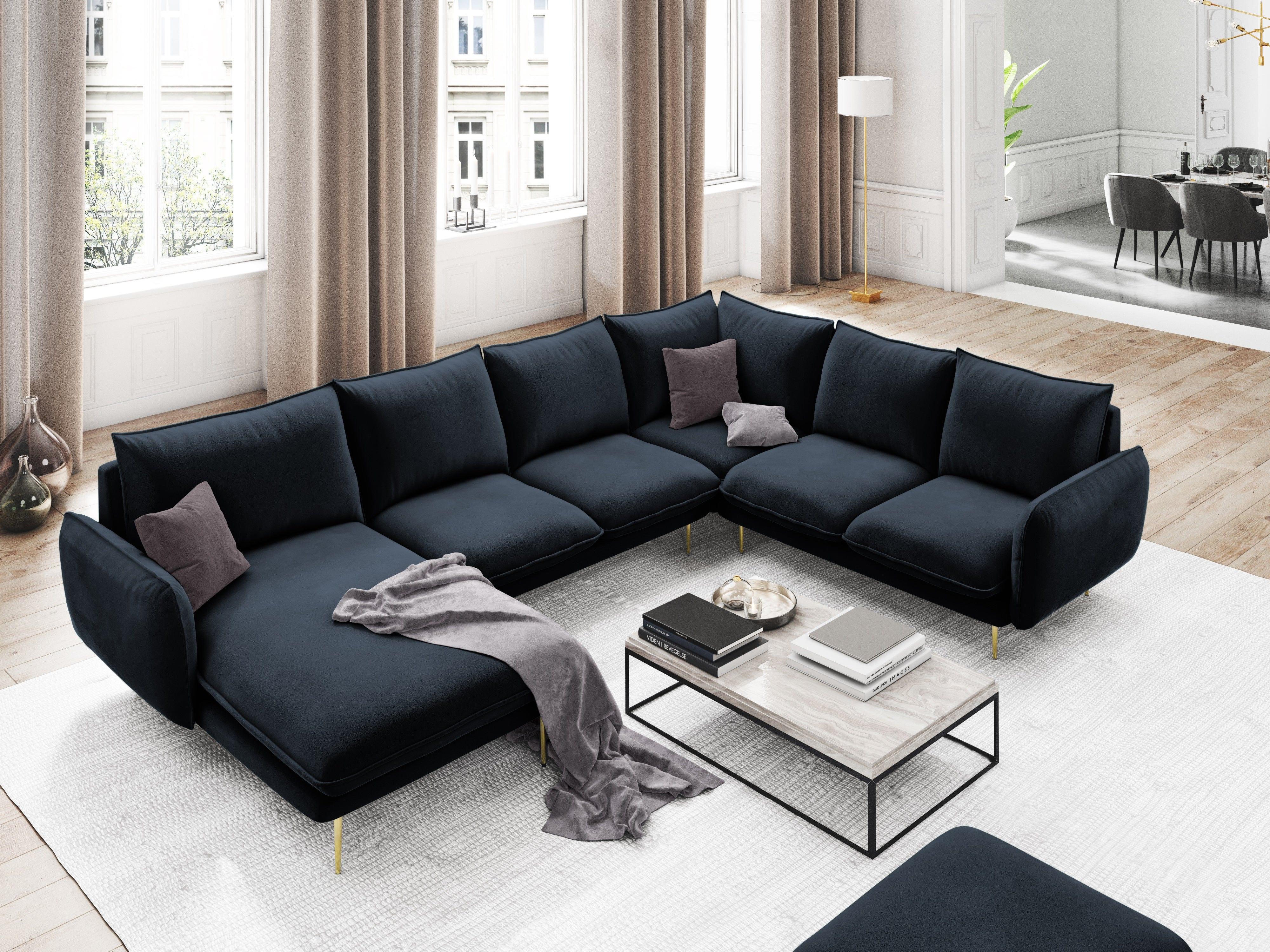 Narożnik prawostronny aksamitny panoramiczny VIENNA granatowy ze złotą podstawą Cosmopolitan Design Eye on Design