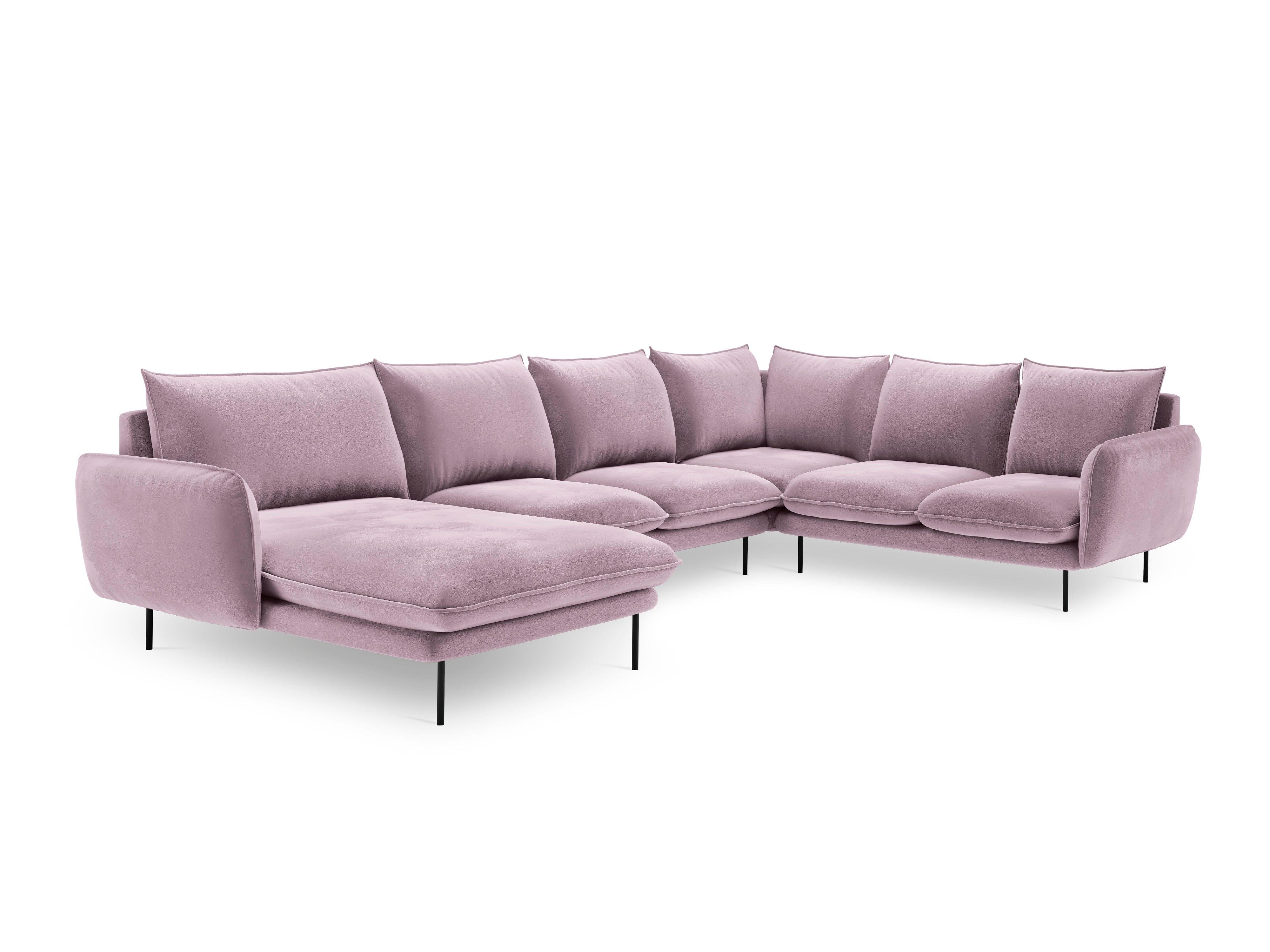 Narożnik prawostronny aksamitny panoramiczny VIENNA pudrowy róż z czarną podstawą Cosmopolitan Design Eye on Design