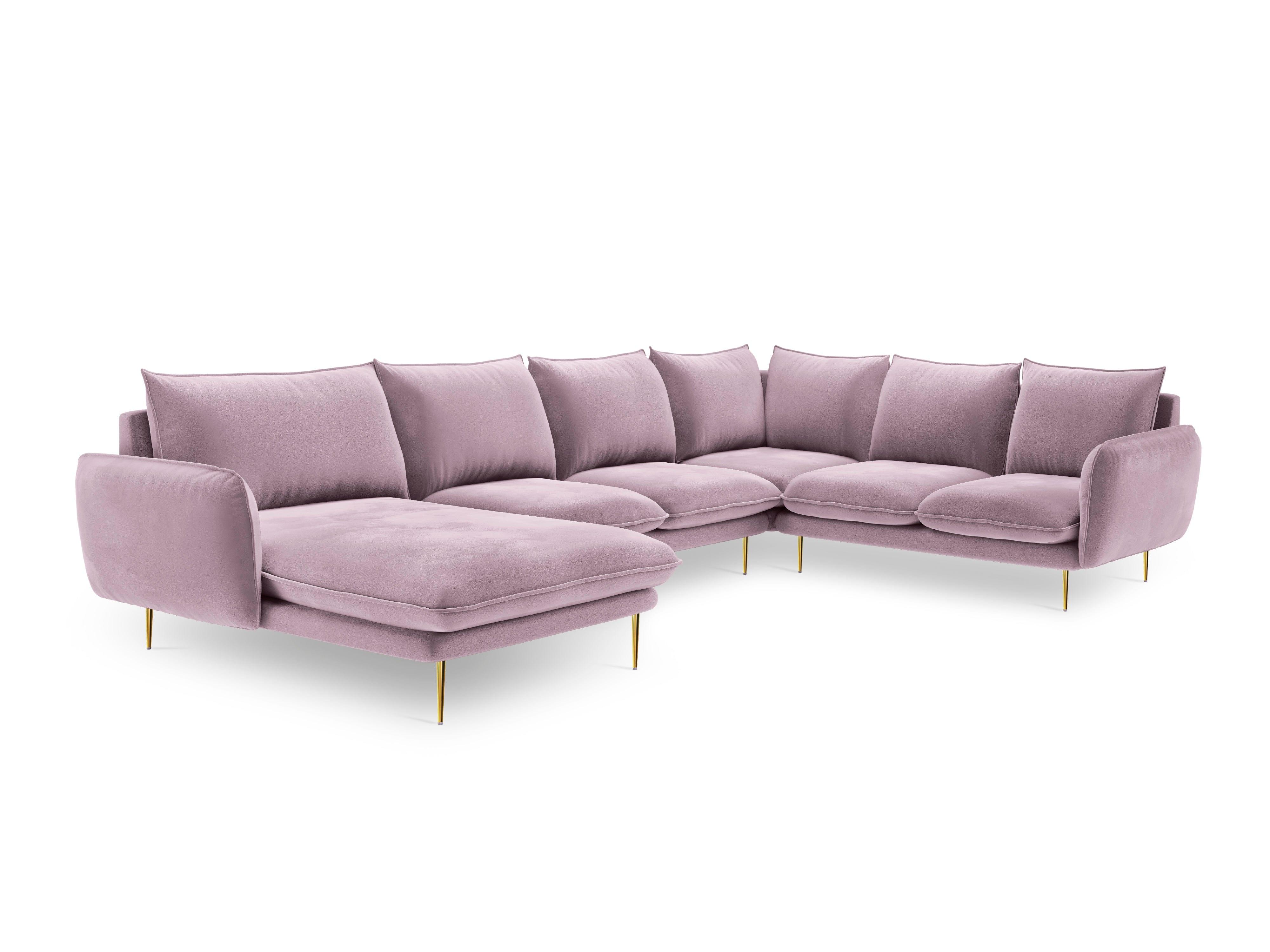 Narożnik prawostronny aksamitny panoramiczny VIENNA pudrowy róż ze złotą podstawą Cosmopolitan Design Eye on Design