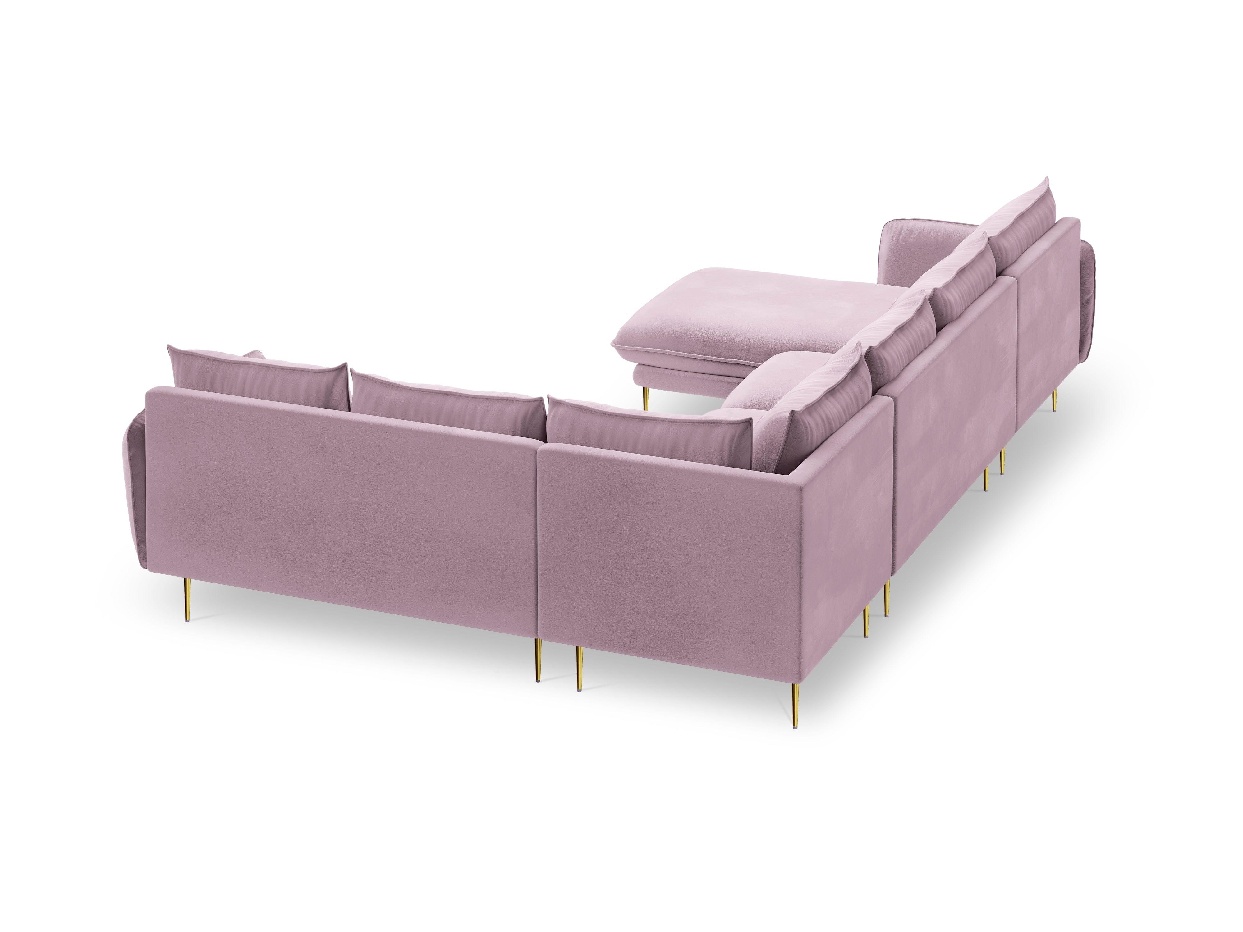 Narożnik prawostronny aksamitny panoramiczny VIENNA pudrowy róż ze złotą podstawą Cosmopolitan Design Eye on Design
