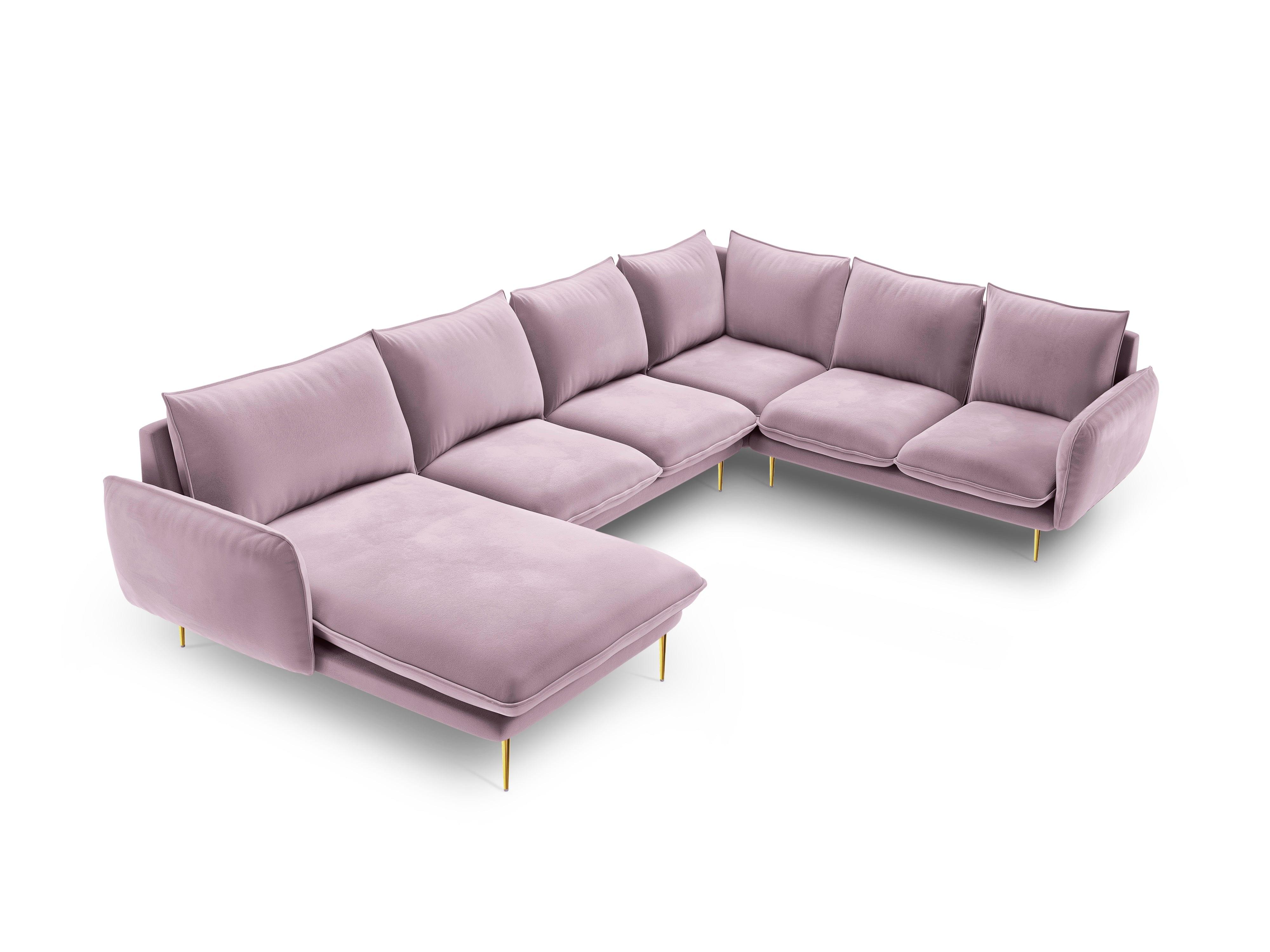 Narożnik prawostronny aksamitny panoramiczny VIENNA pudrowy róż ze złotą podstawą Cosmopolitan Design Eye on Design