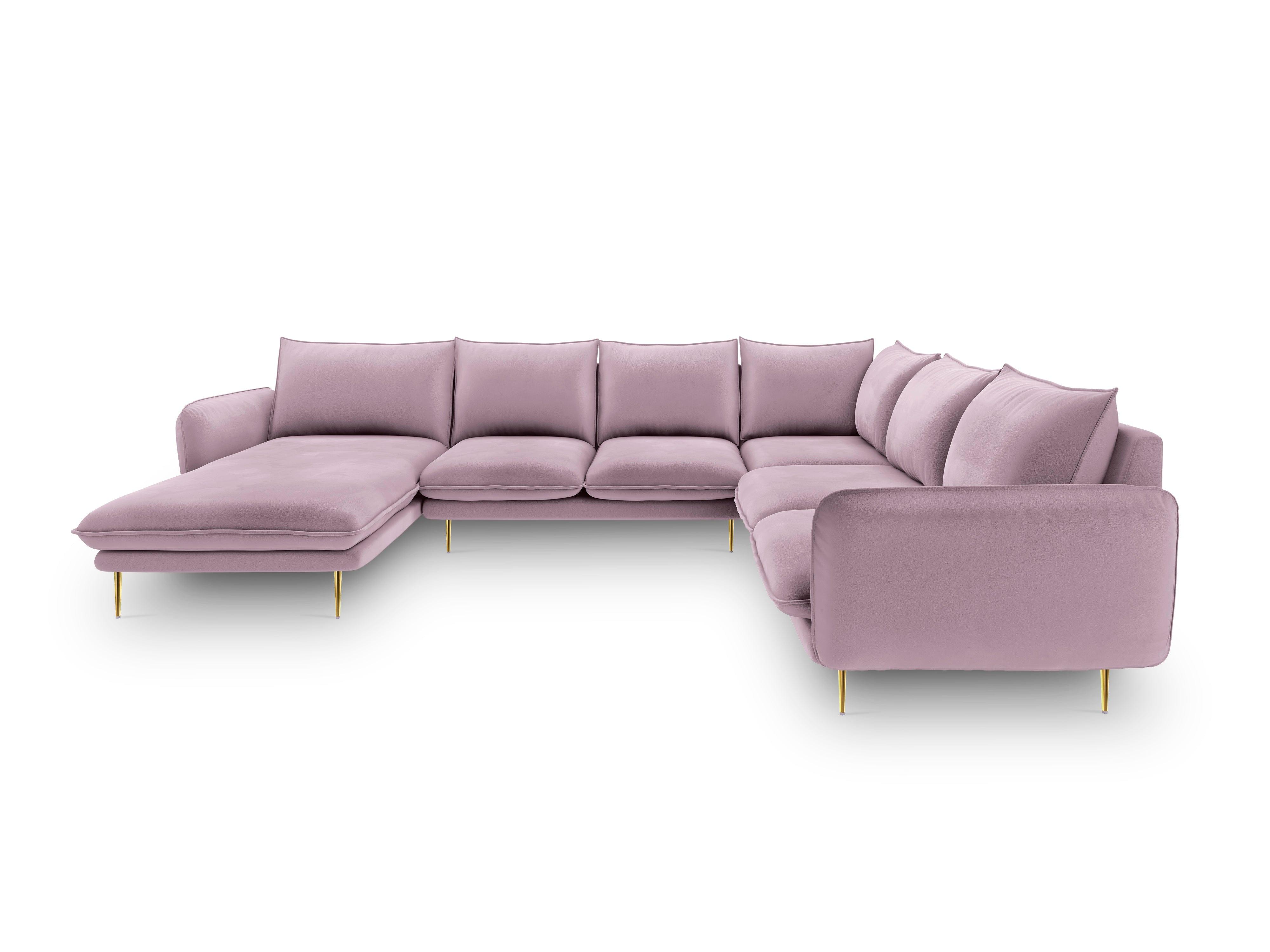 Narożnik prawostronny aksamitny panoramiczny VIENNA pudrowy róż ze złotą podstawą Cosmopolitan Design Eye on Design