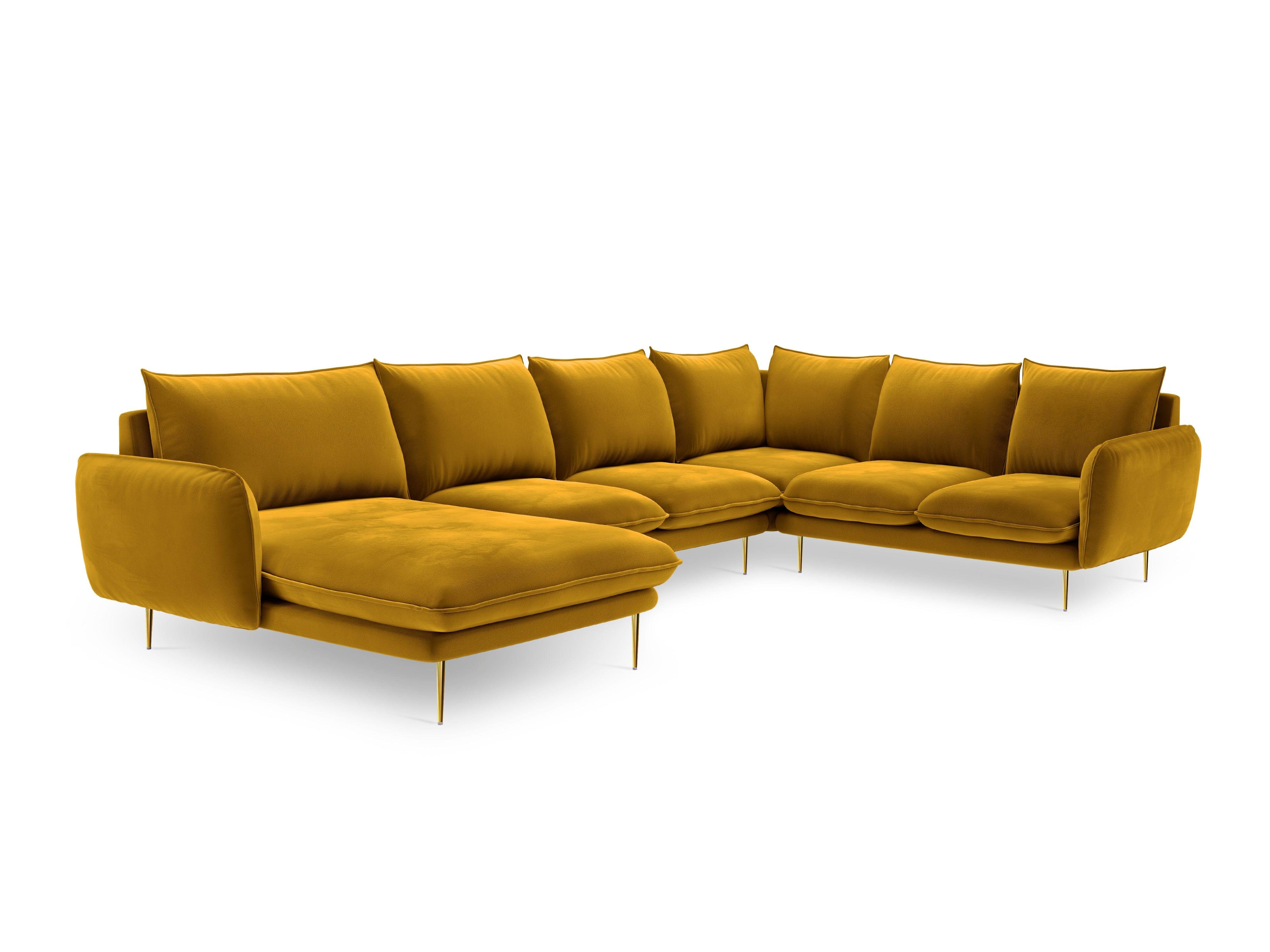 Narożnik prawostronny aksamitny panoramiczny VIENNA żółty ze złotą podstawą Cosmopolitan Design Eye on Design