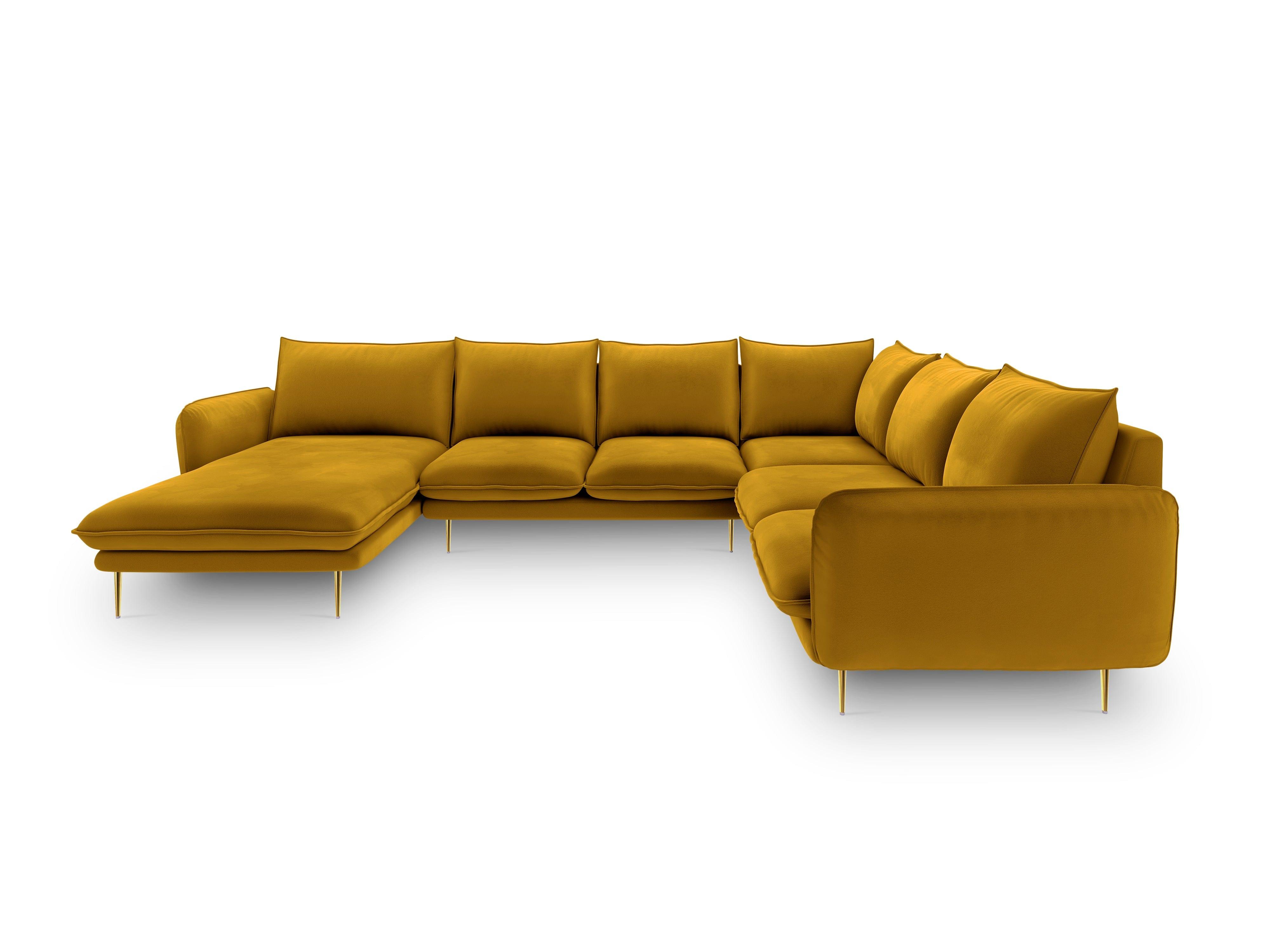 Narożnik prawostronny aksamitny panoramiczny VIENNA żółty ze złotą podstawą Cosmopolitan Design Eye on Design