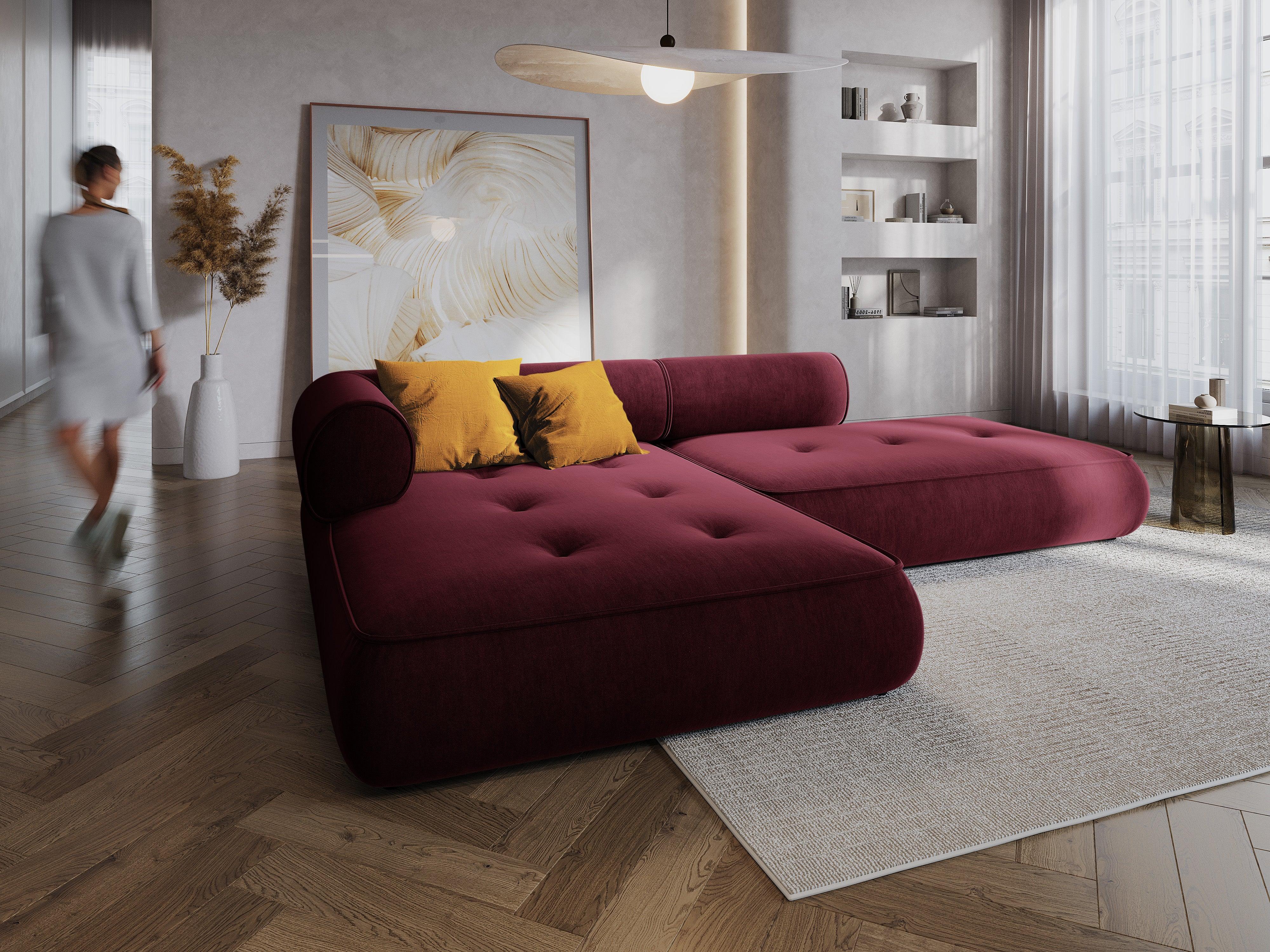 Narożnik w tkaninie szenilowej lewostronny otwarty LILY burgundowy Maison Heritage Eye on Design