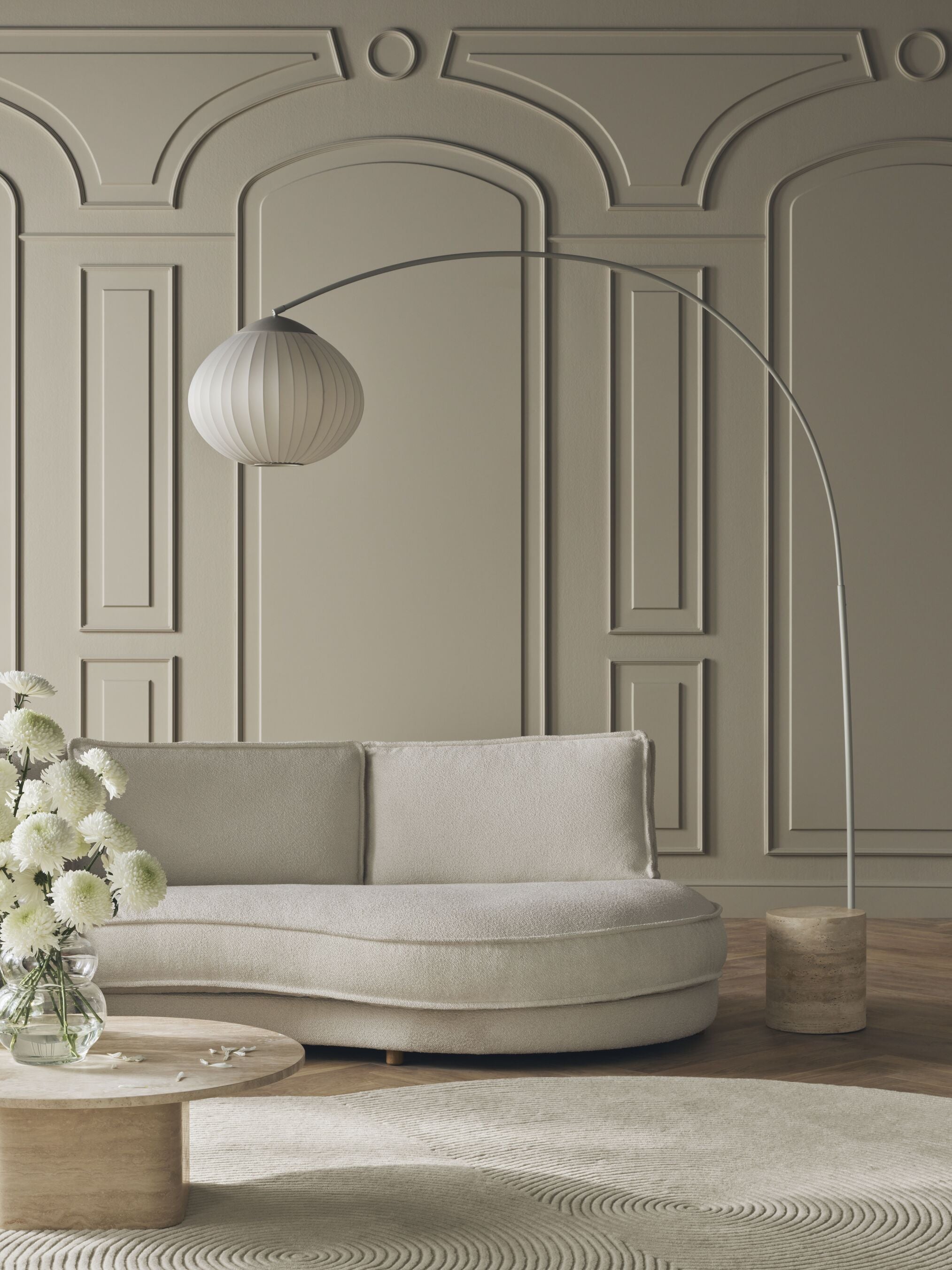 Sofa modułowa NOORA - zaokrąglony moduł lewostronny z dębową podstawą