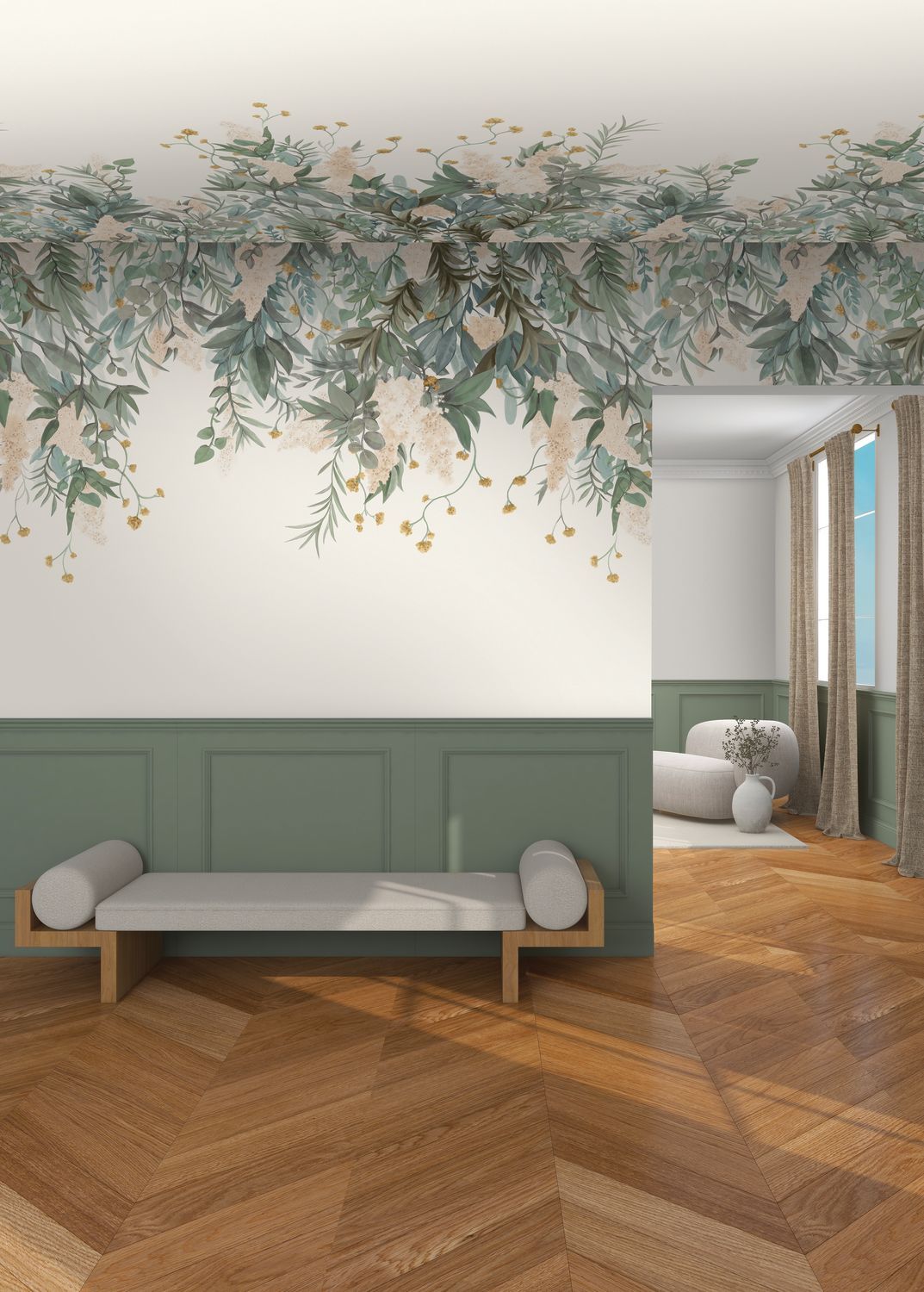 Mural WISTERIA zielony z różowym