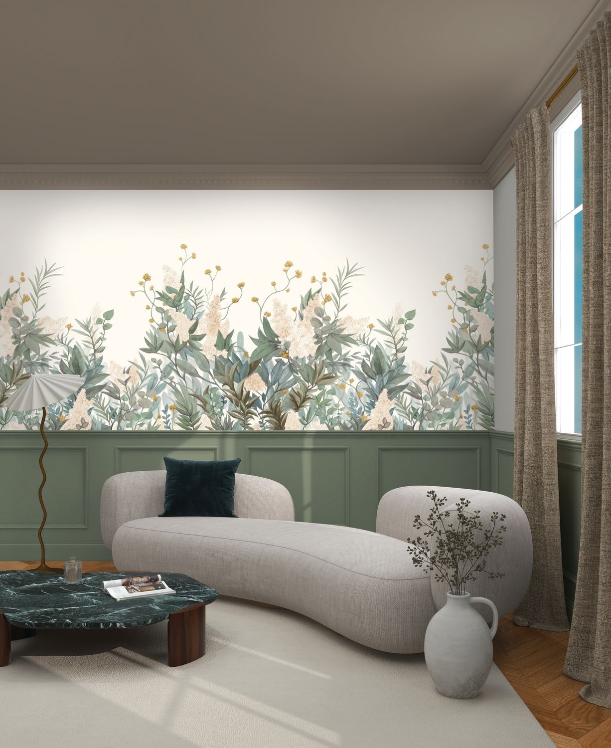 Mural WISTERIA zielony z różowym