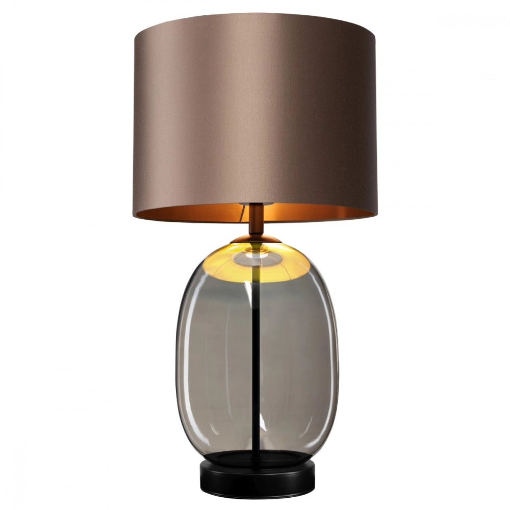 Tischlampe SALVADOR rauchiges Glas mit braunem Schirm und schwarzem Finish