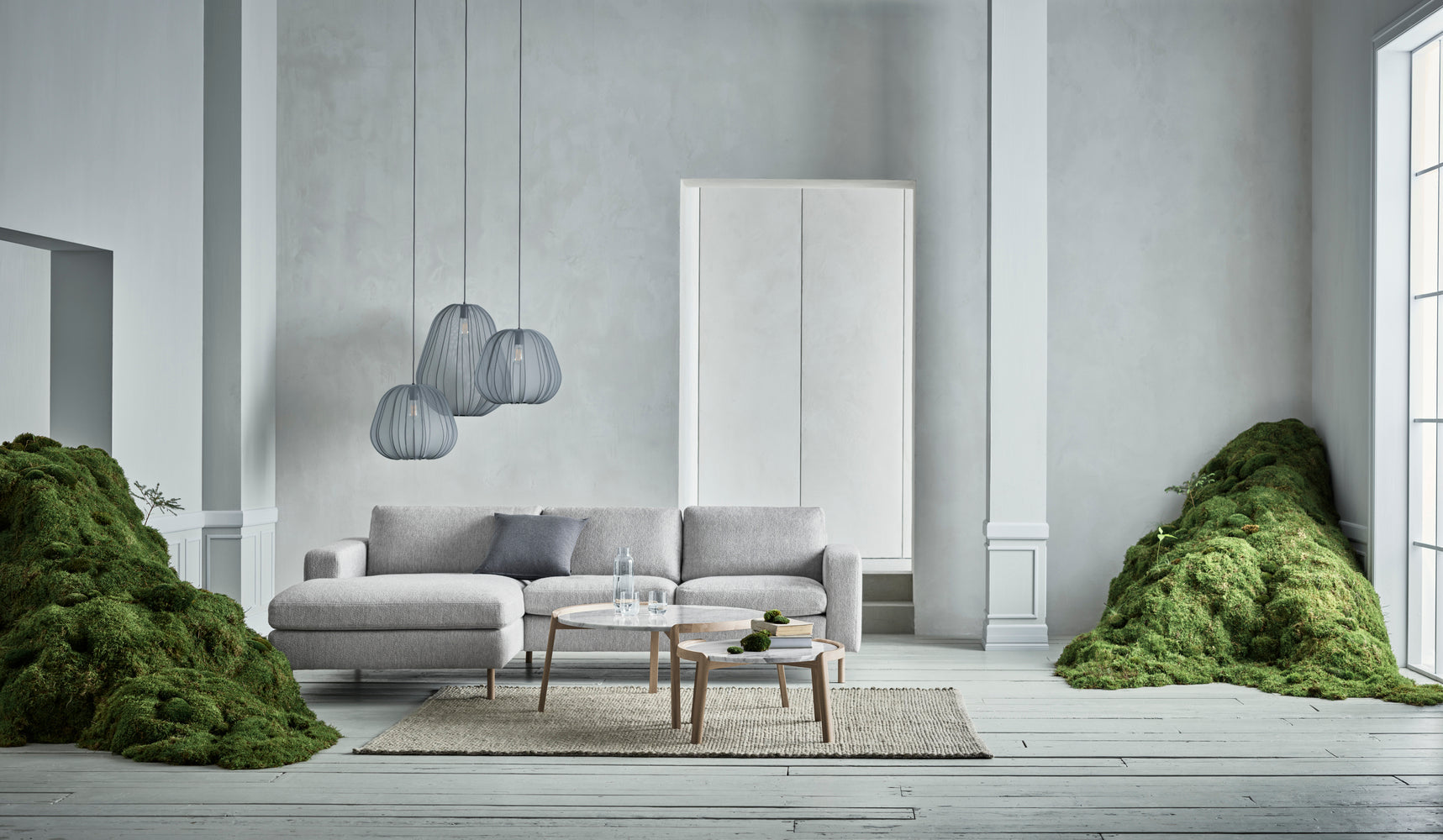 Sofa narożna rozkładana lewostronna 3-osobowa SCANDINAVIA z dębową podstawą
