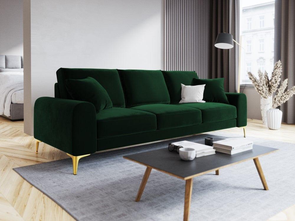 Sofa aksamitna 3-osobowa MADARA butelkowa zieleń ze złotą podstawą Mazzini Sofas Eye on Design