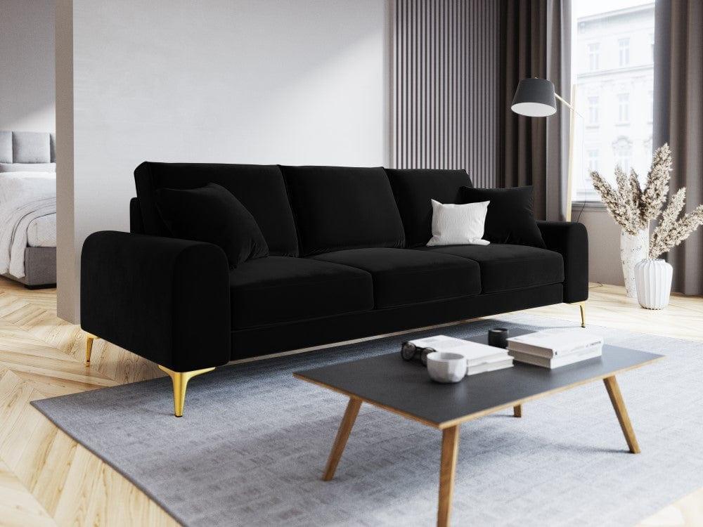 Sofa aksamitna 3-osobowa MADARA czarny ze złotą podstawą Mazzini Sofas Eye on Design