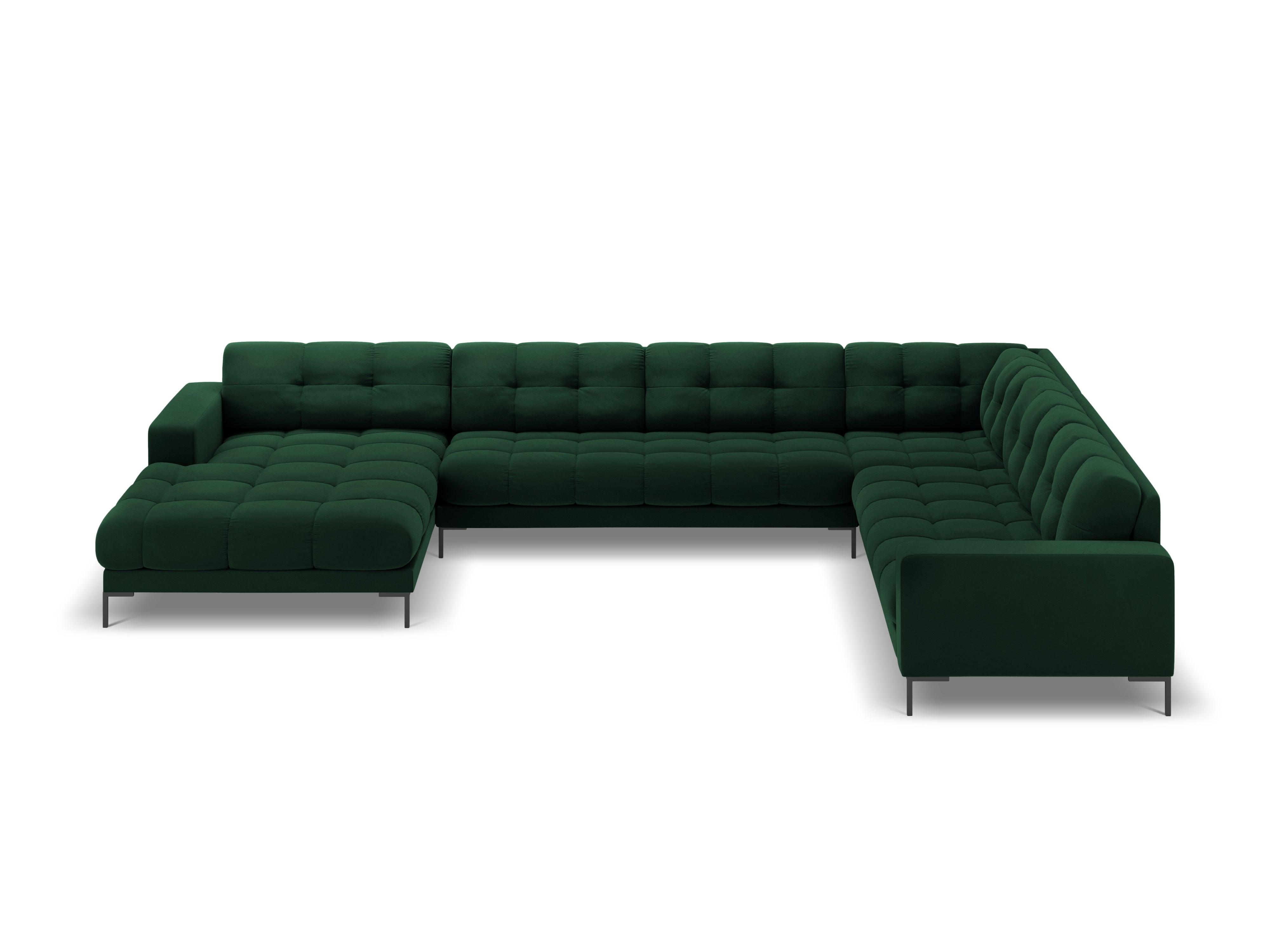 Sofa aksamitna panoramiczna prawostronna 7-osobowa BALI butelkowa zieleń z czarną podstawą Cosmopolitan Design Eye on Design