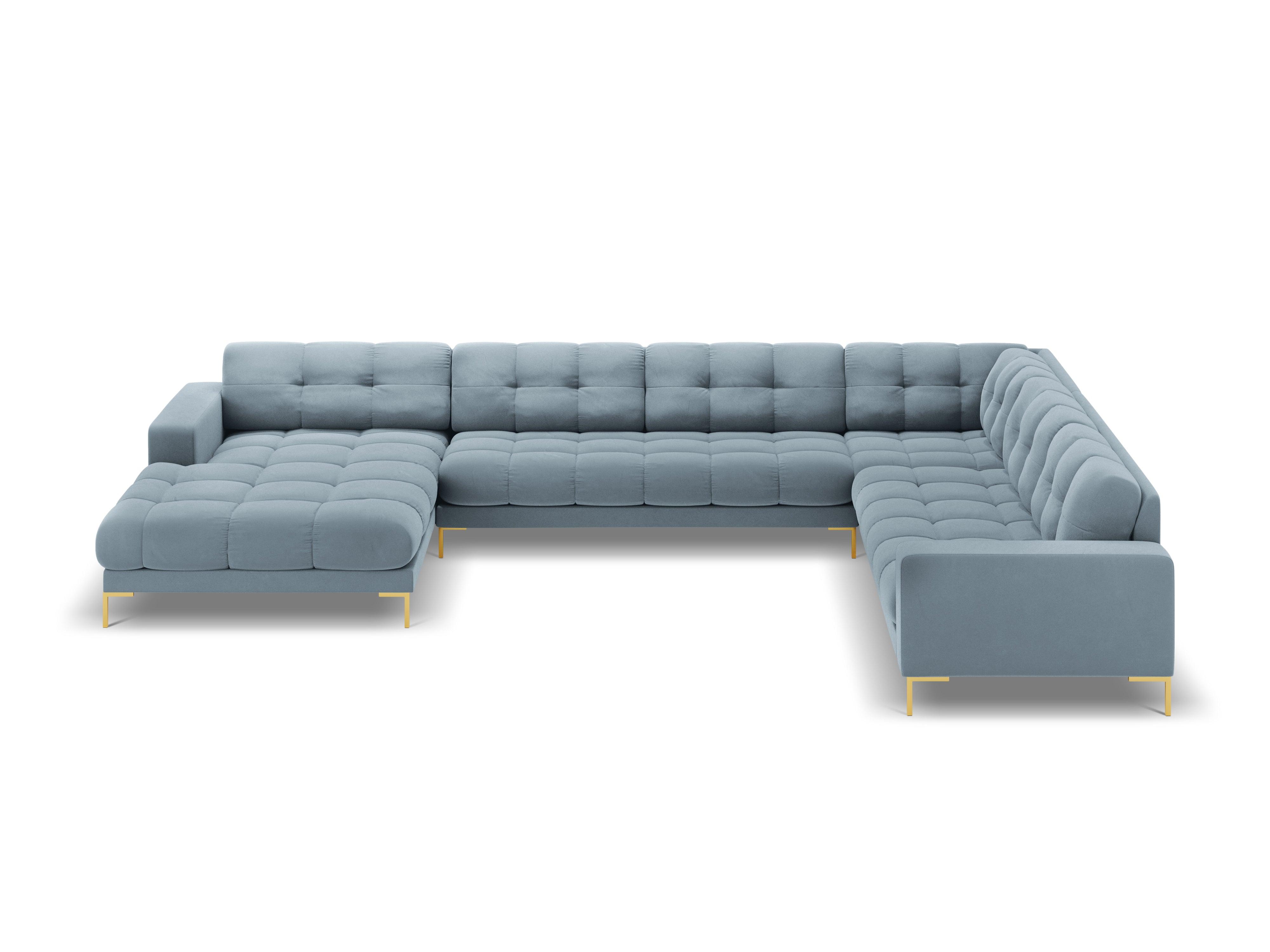 Sofa aksamitna panoramiczna prawostronna 7-osobowa BALI jasnoniebieski ze złotą podstawą Cosmopolitan Design Eye on Design