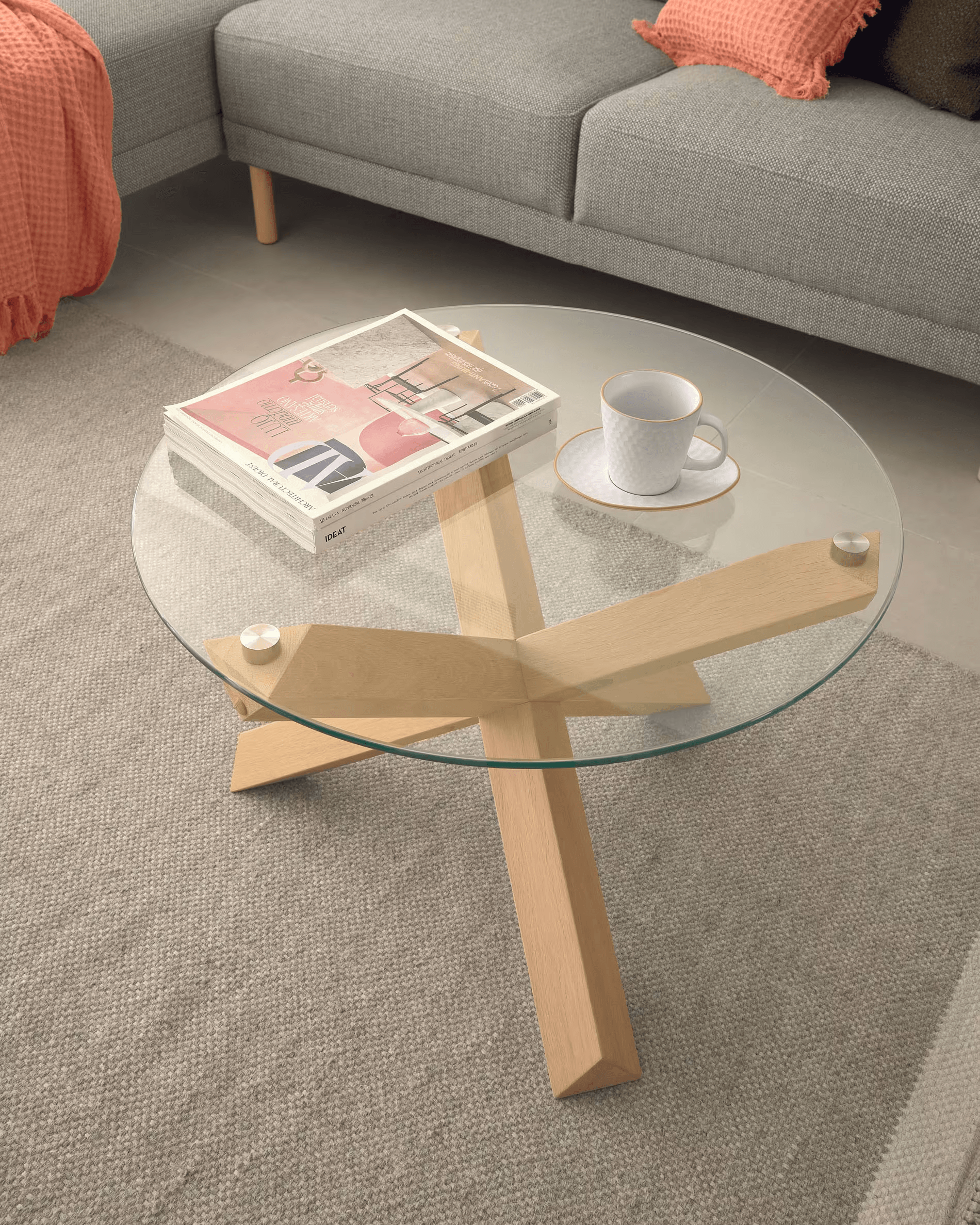 Stolik kawowy LOTUS szklany z drewnianą podstawą La Forma Eye on Design