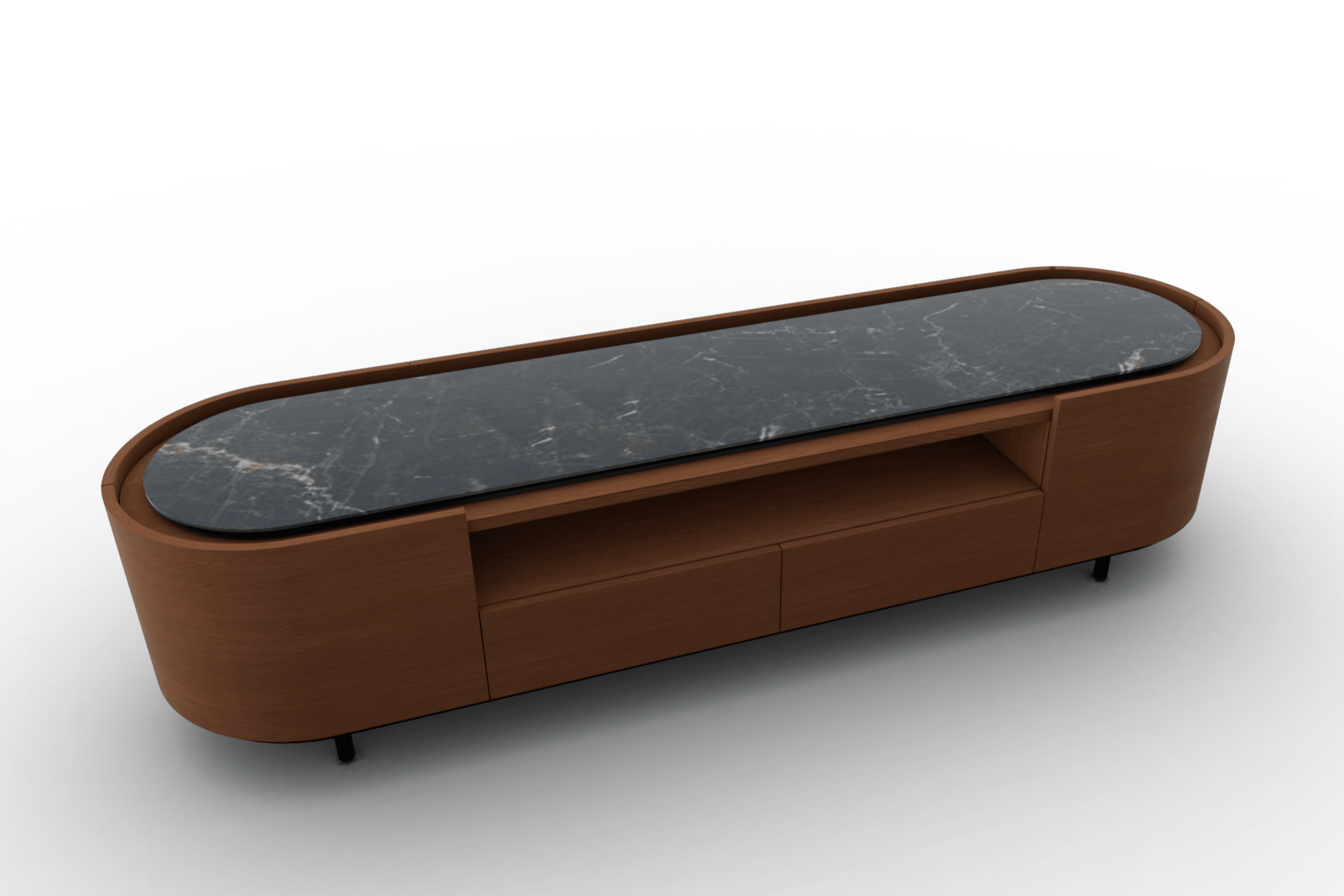Szafka RTV LAKE orzechowy Calligaris czarny ceramiczny marmur Eye on Design