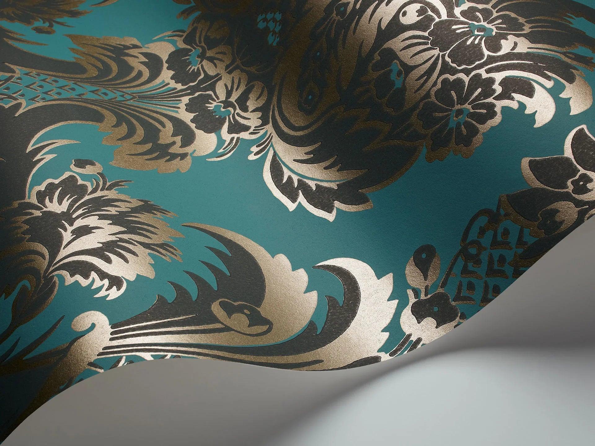 Tapeta ALBEMARLE - Wyndham metaliczne złoto na turkusie Cole & Son Eye on Design
