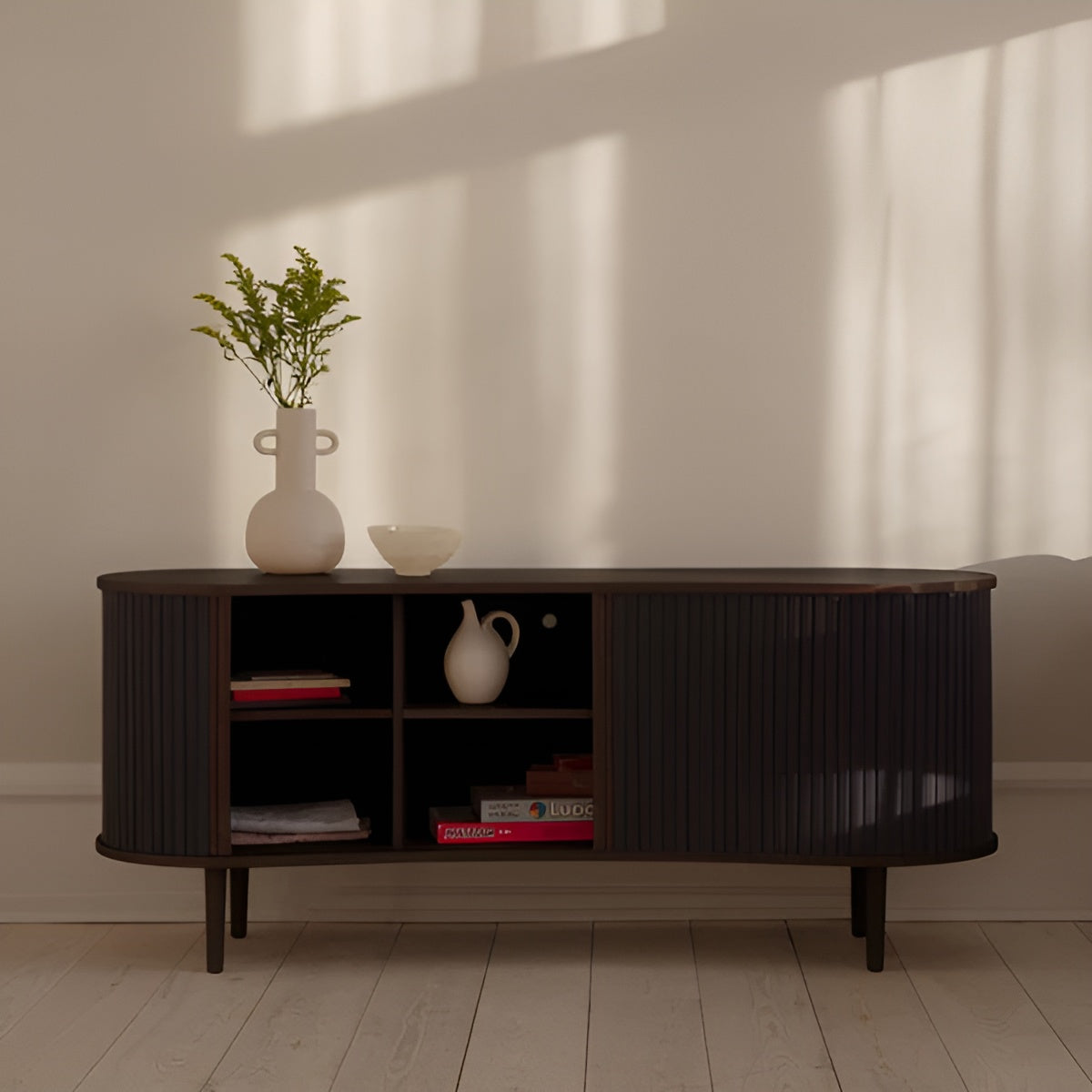 AUDACIOUS RTV Cabinet broken white with dark oak base