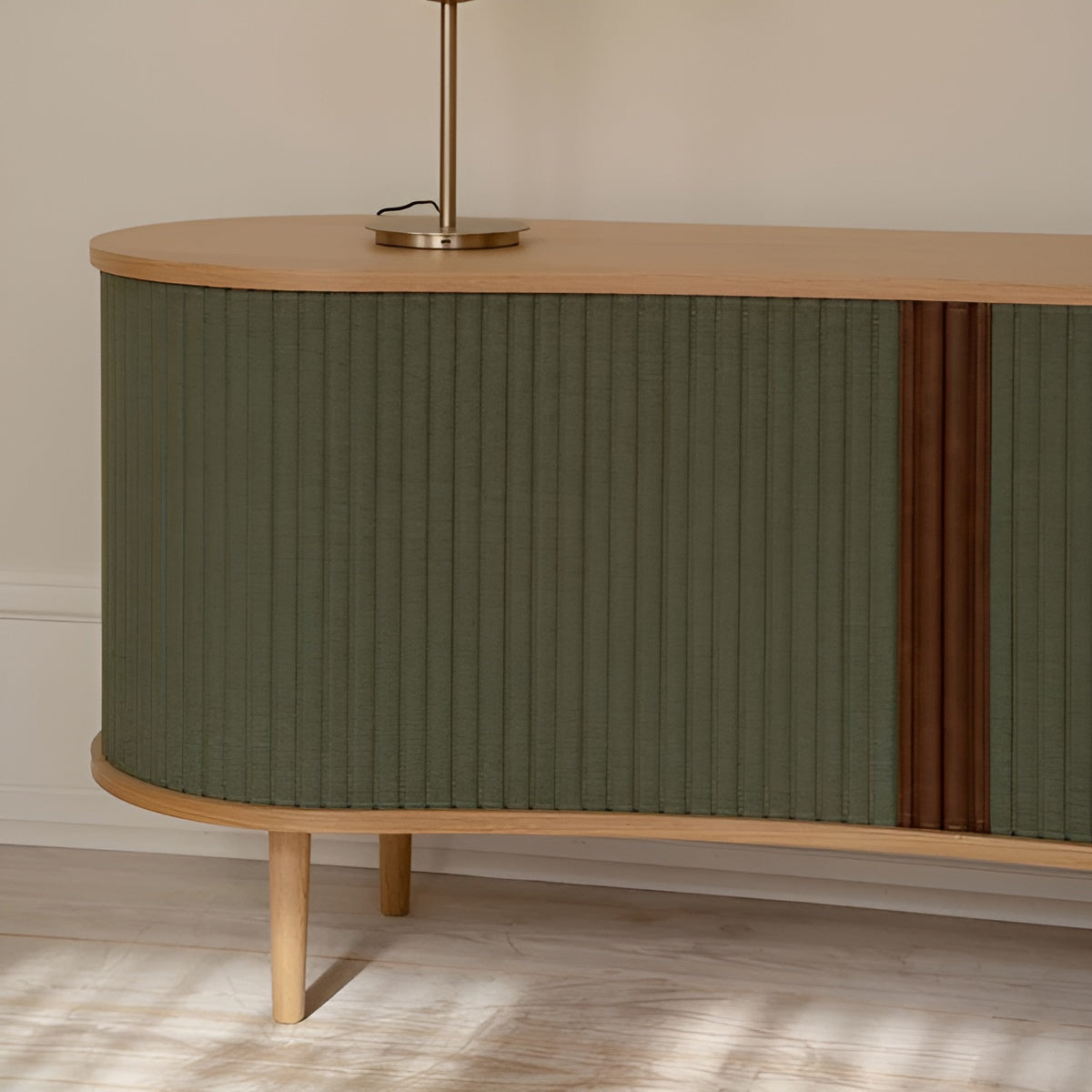 AUDACIOUS green RTV cabinet with oak base