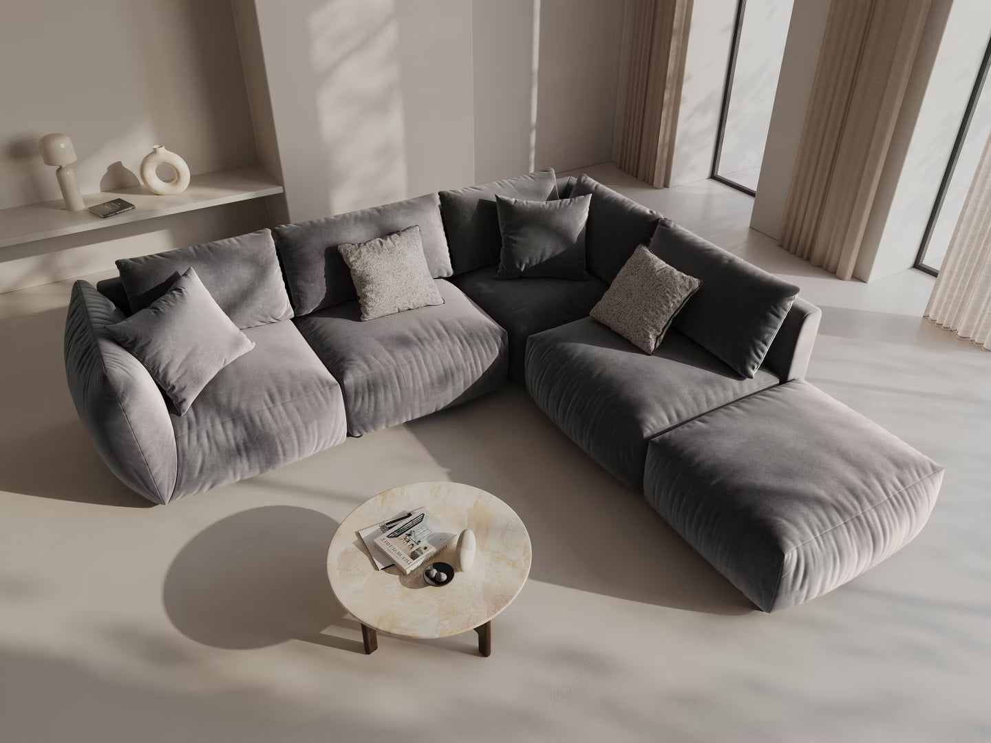 Gray left-sided velvet modular corner sofa for 4 people CHRIS