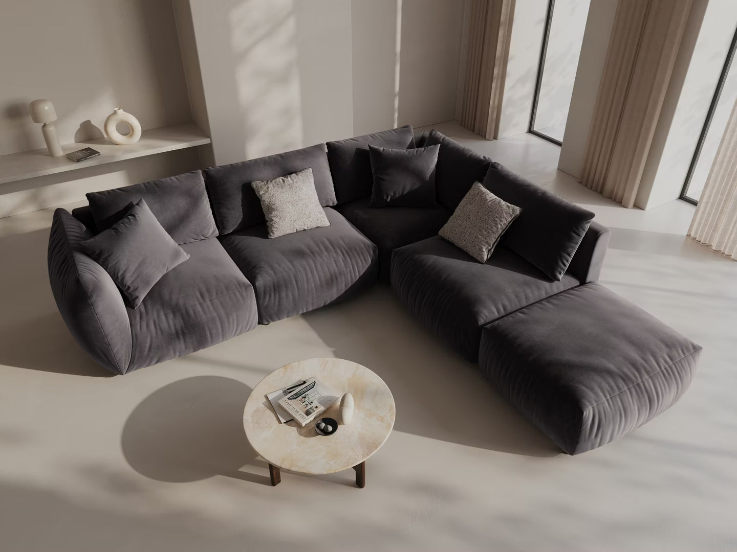 Modular velvet corner sofa for 4 people right-facing CHRIS dark gray