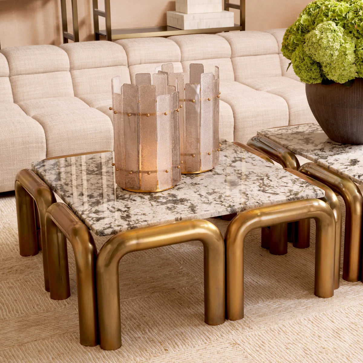 Sunwood coffee table, a marble top with ancient gold